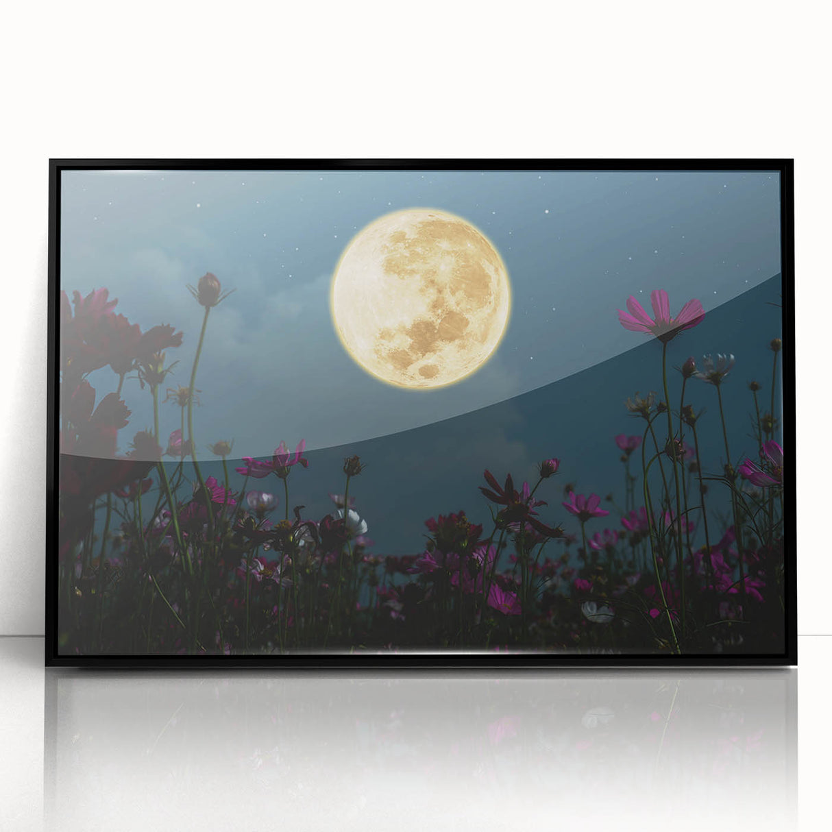 Golden Moon Over Flower Field – Serene Celestial Wall Art for Home