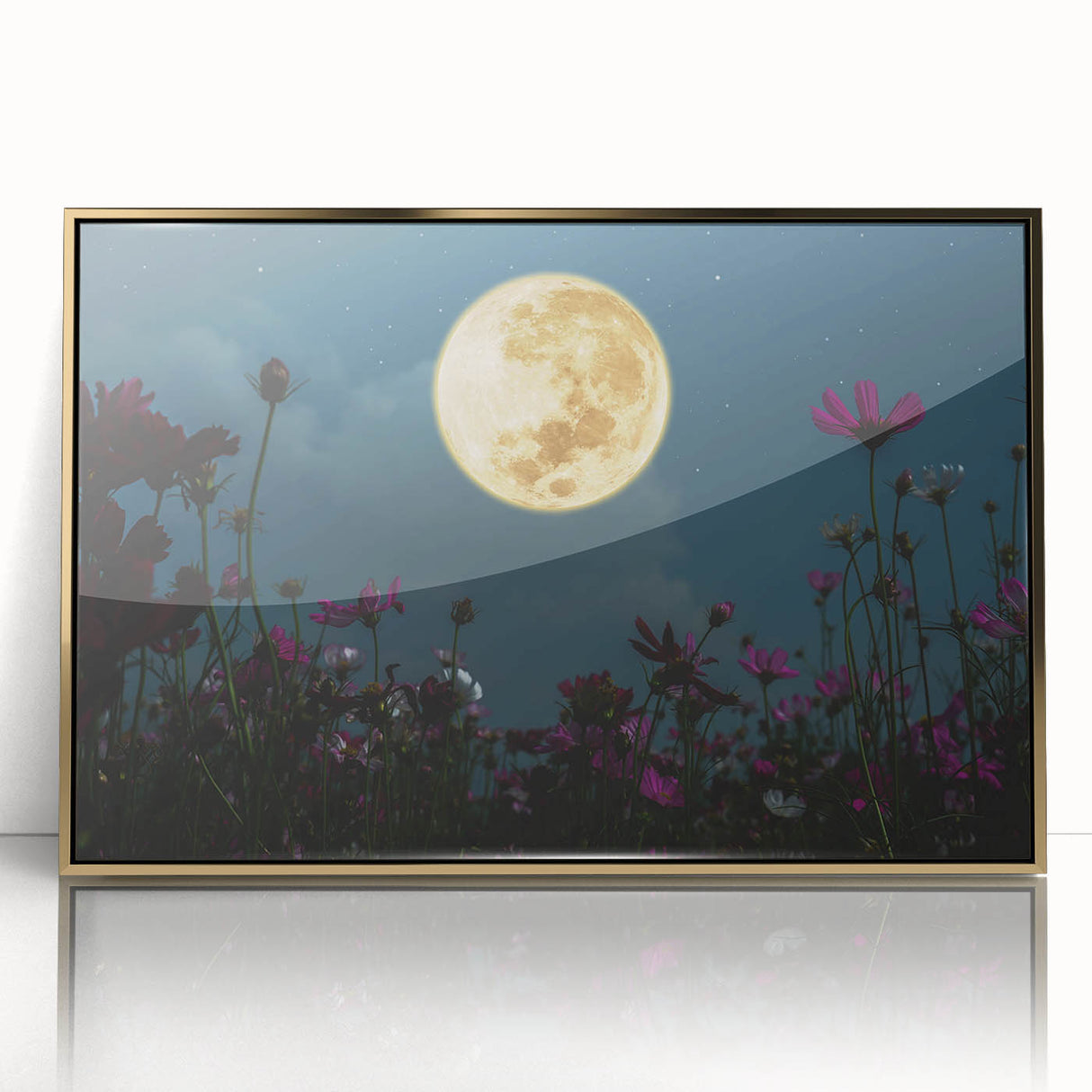 Golden Moon Over Flower Field – Serene Celestial Wall Art for Home