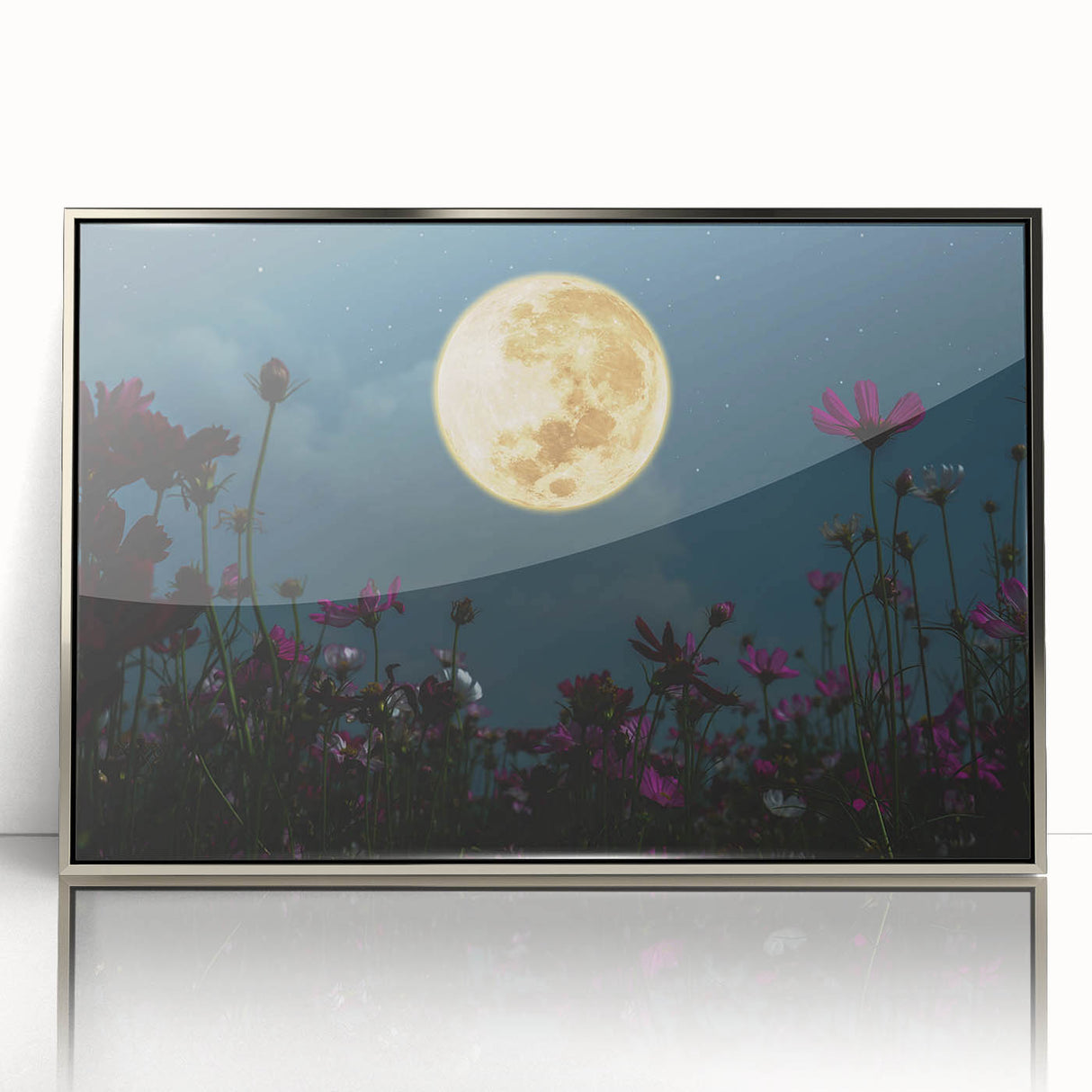 Golden Moon Over Flower Field – Serene Celestial Wall Art for Home