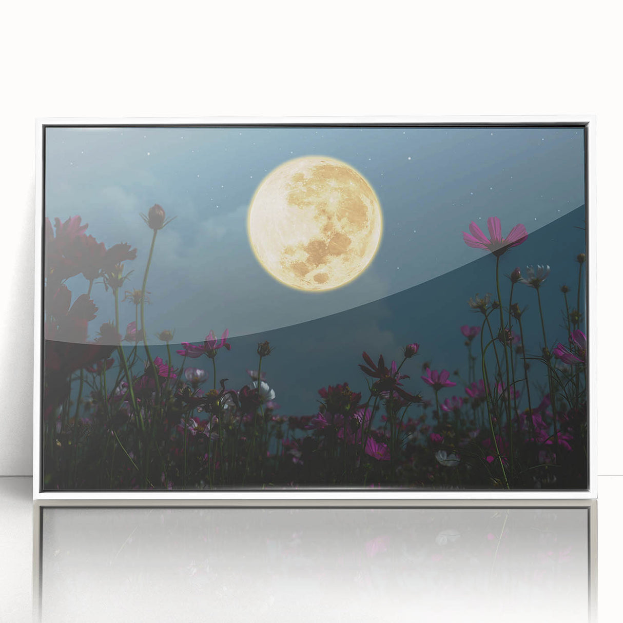 Golden Moon Over Flower Field – Serene Celestial Wall Art for Home