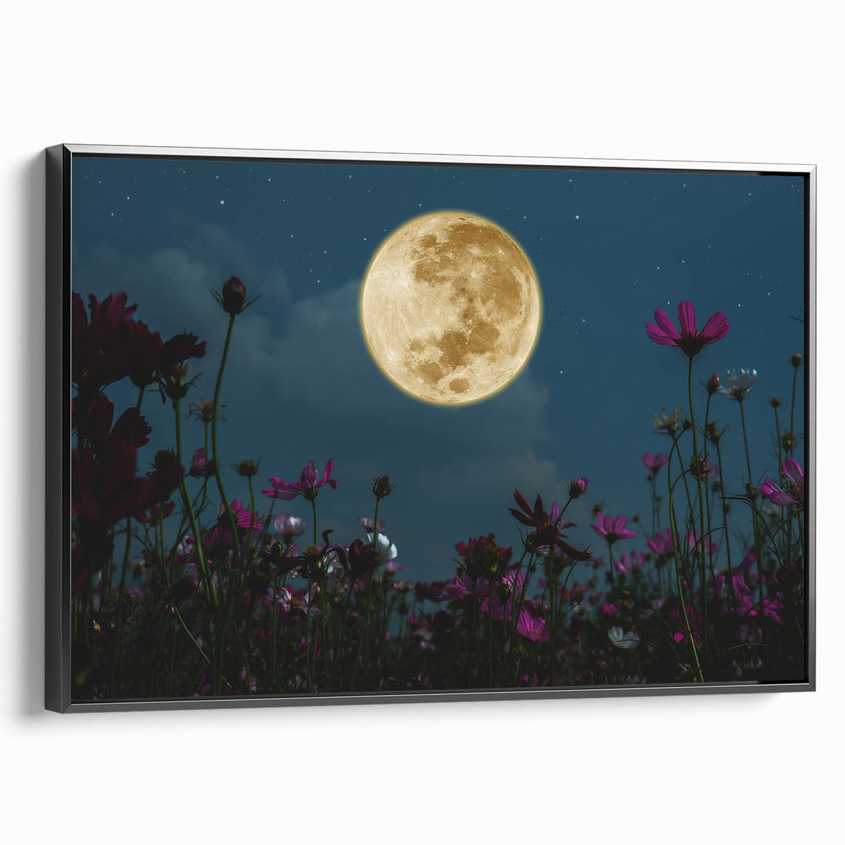 Golden Moon Over Flower Field – Serene Celestial Wall Art for Home