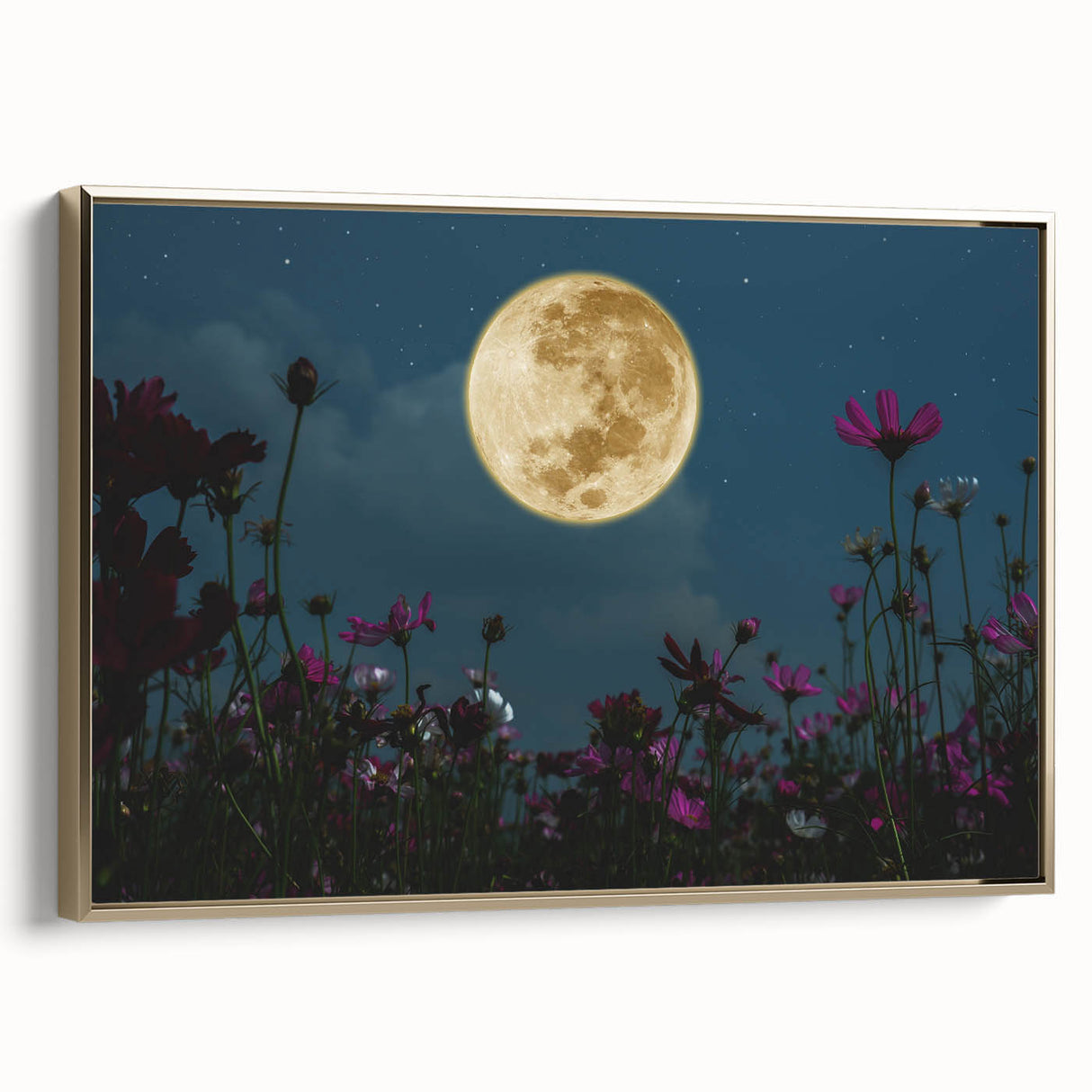Golden Moon Over Flower Field – Serene Celestial Wall Art for Home