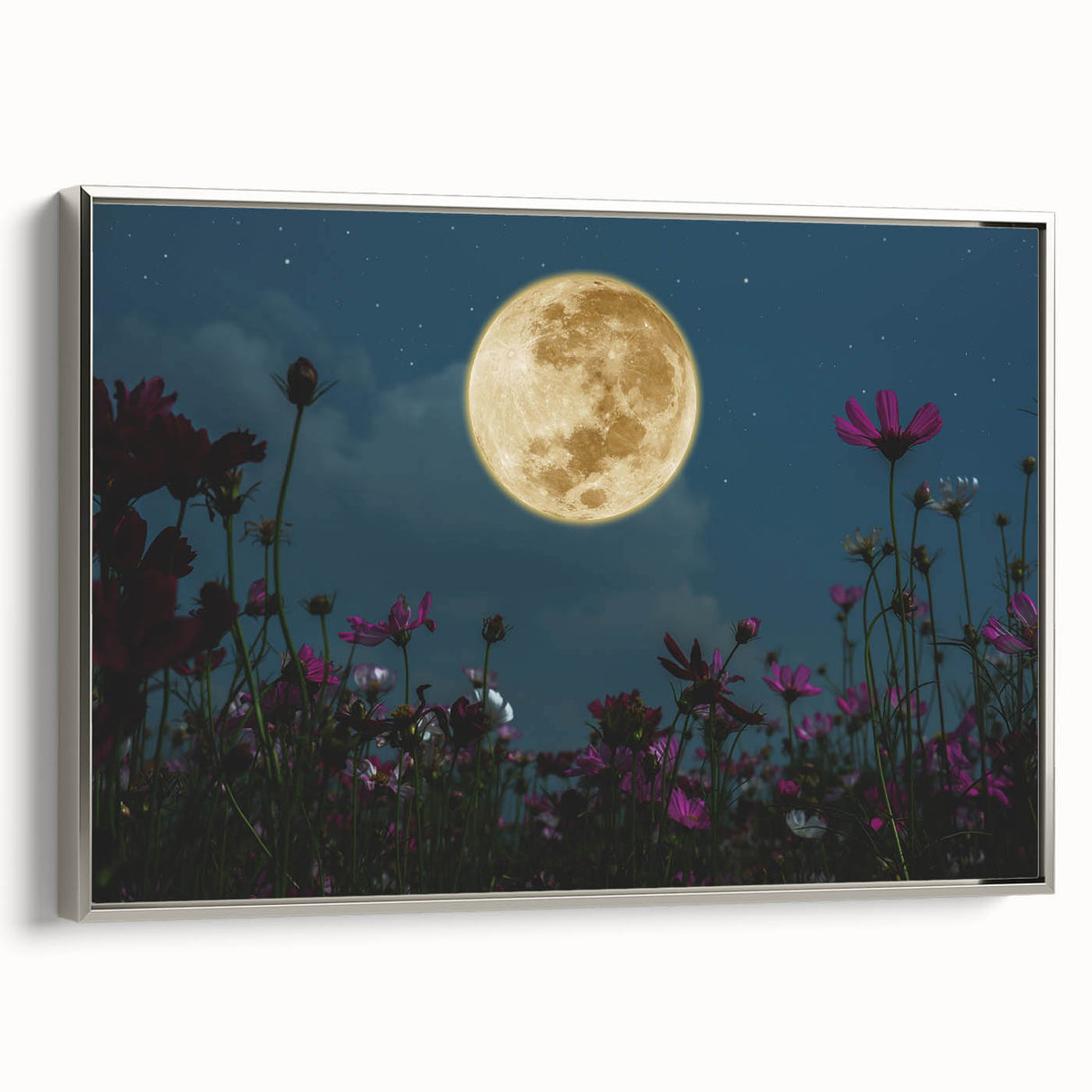 Golden Moon Over Flower Field – Serene Celestial Wall Art for Home