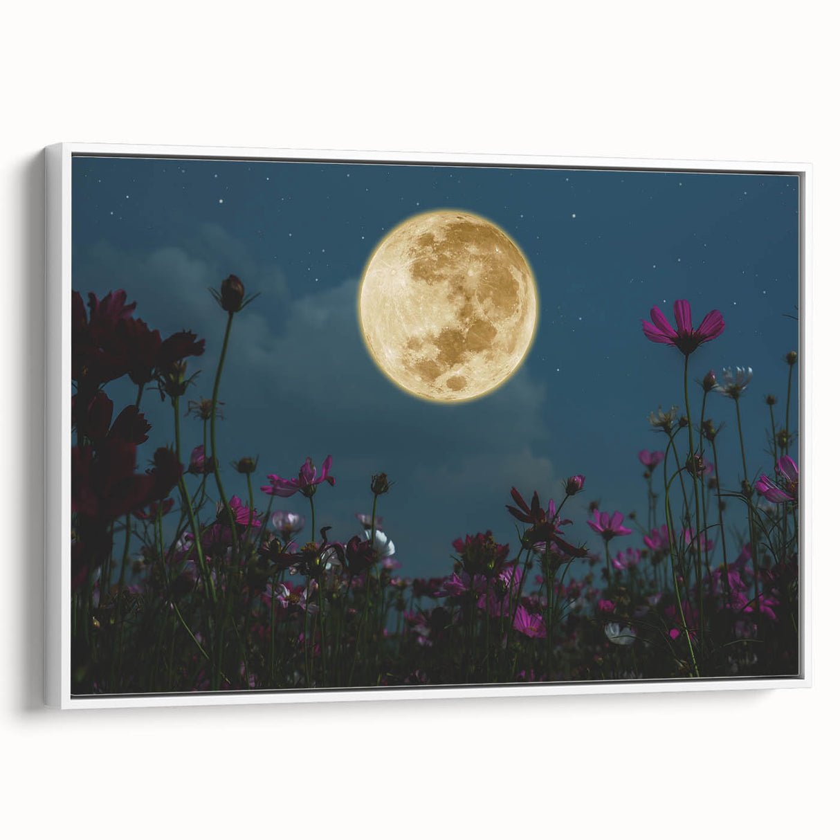 Golden Moon Over Flower Field – Serene Celestial Wall Art for Home
