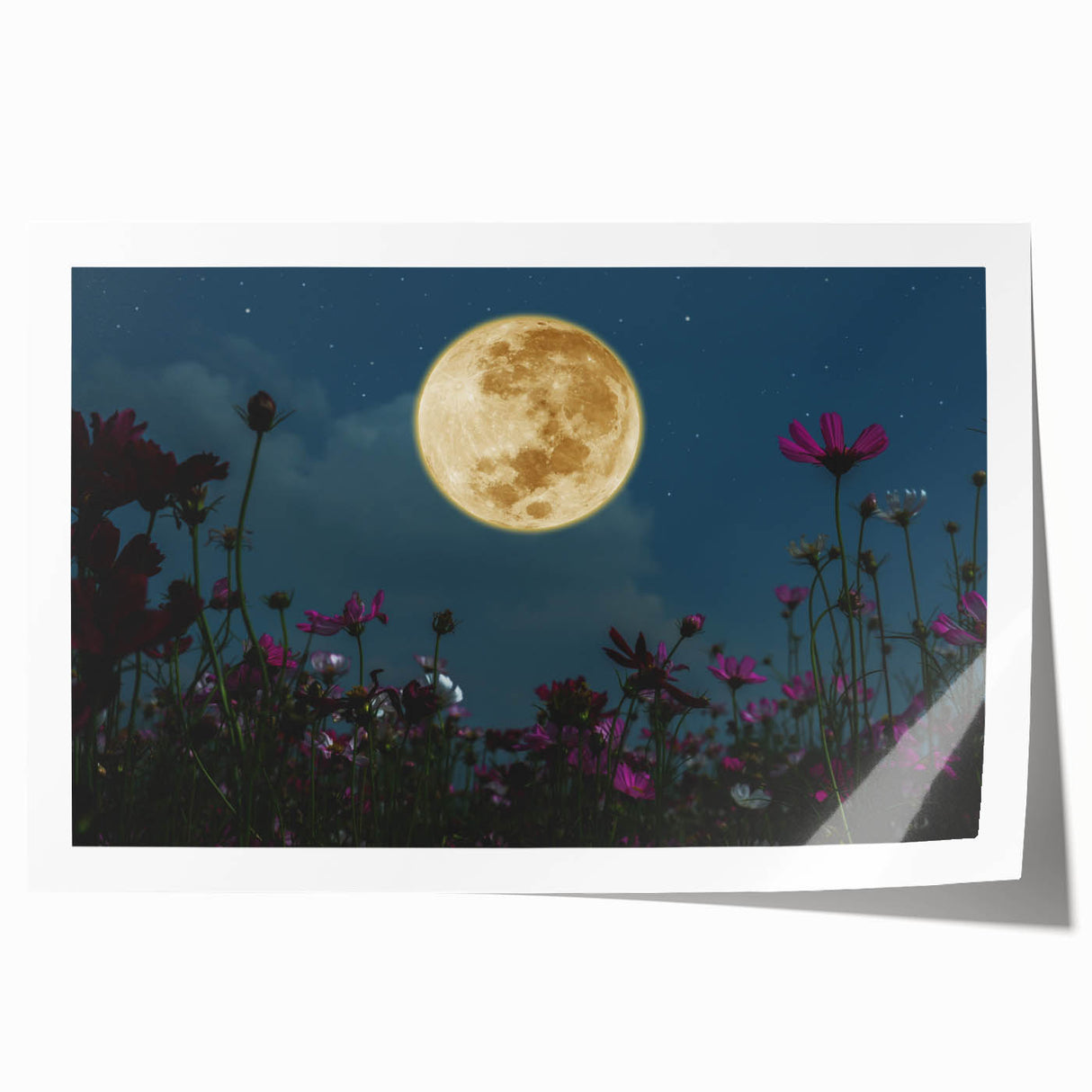 Golden Moon Over Flower Field – Serene Celestial Wall Art for Home