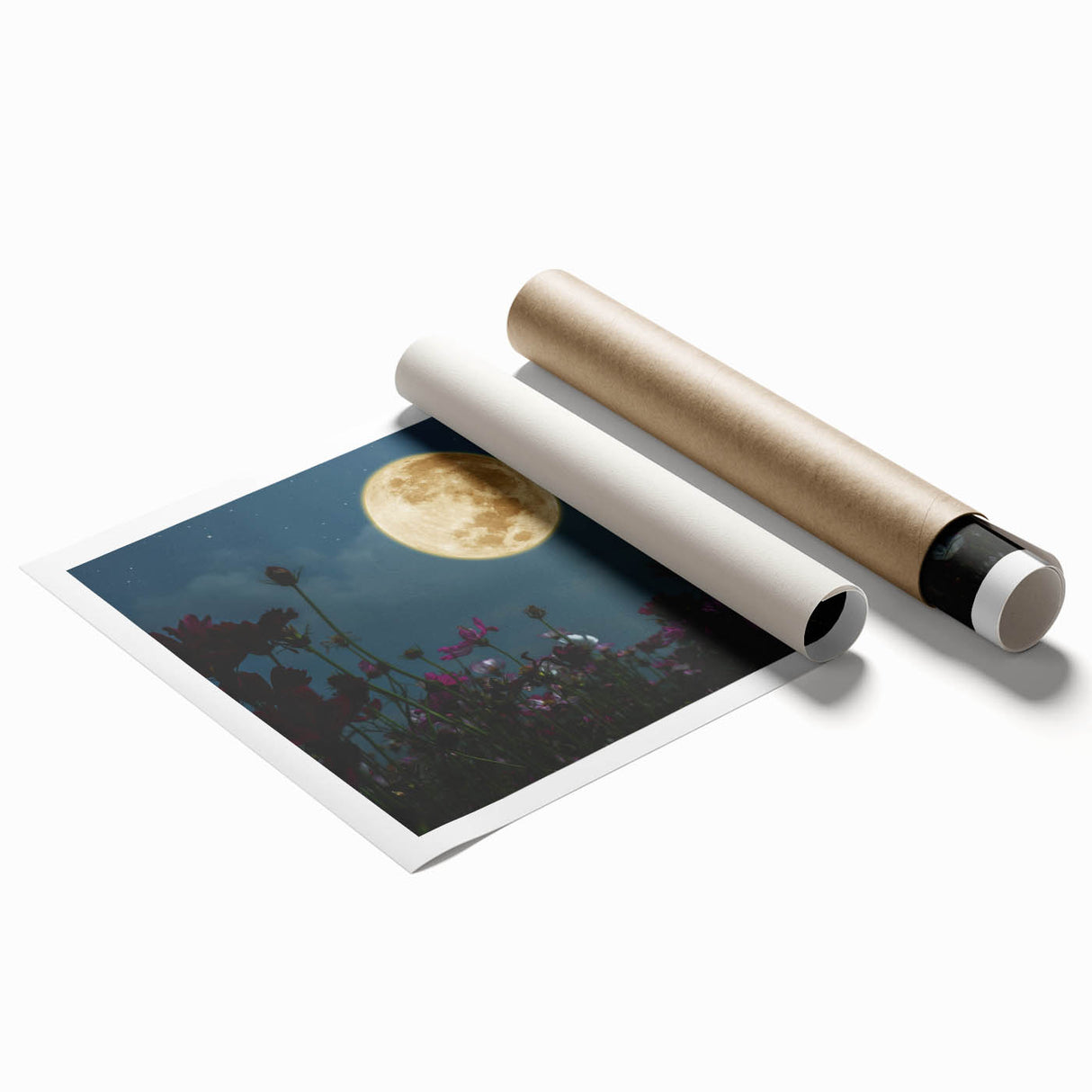 Golden Moon Over Flower Field – Serene Celestial Wall Art for Home