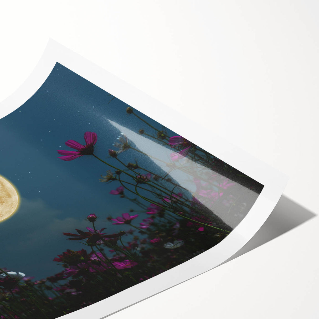 Golden Moon Over Flower Field – Serene Celestial Wall Art for Home