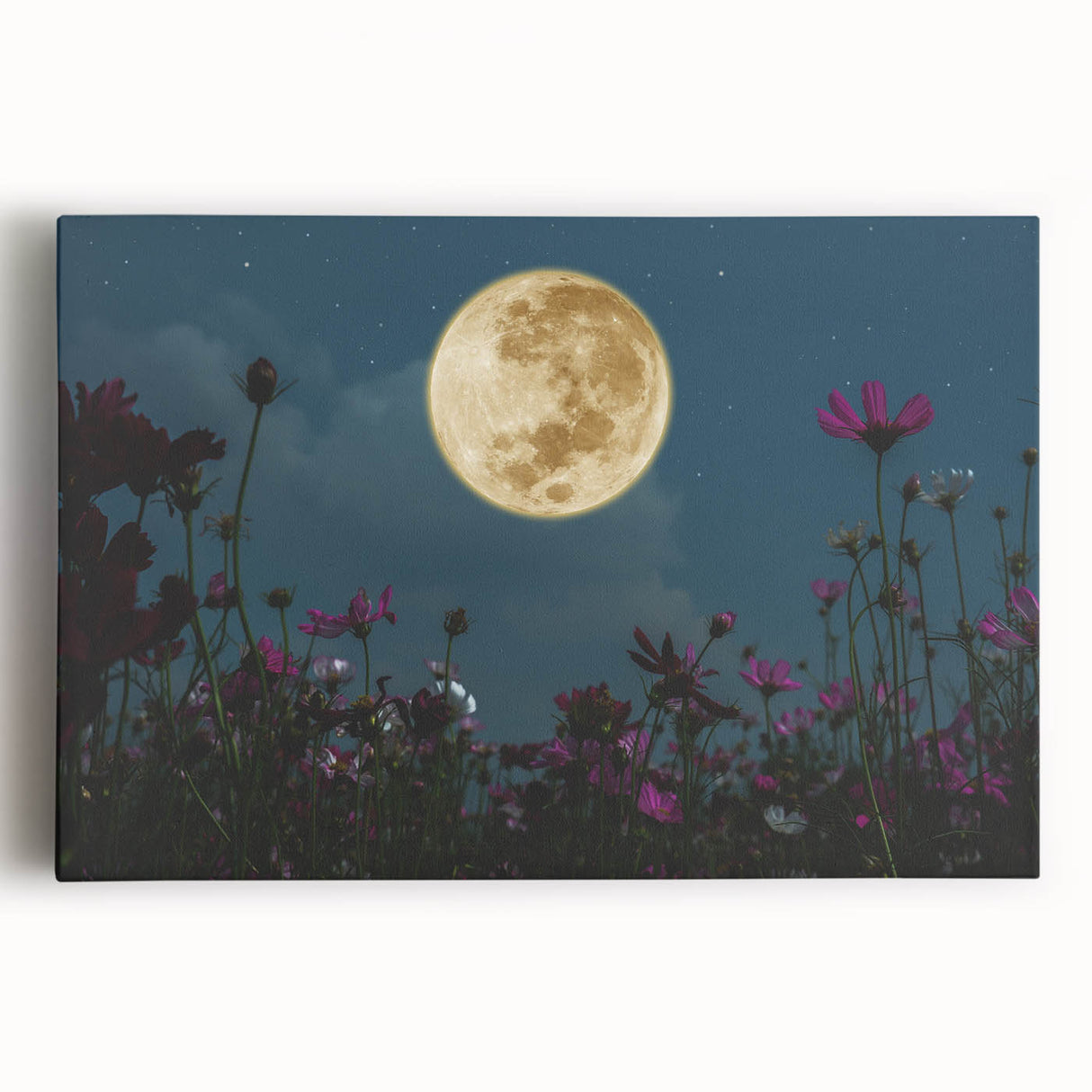 Golden Moon Over Flower Field – Serene Celestial Wall Art for Home