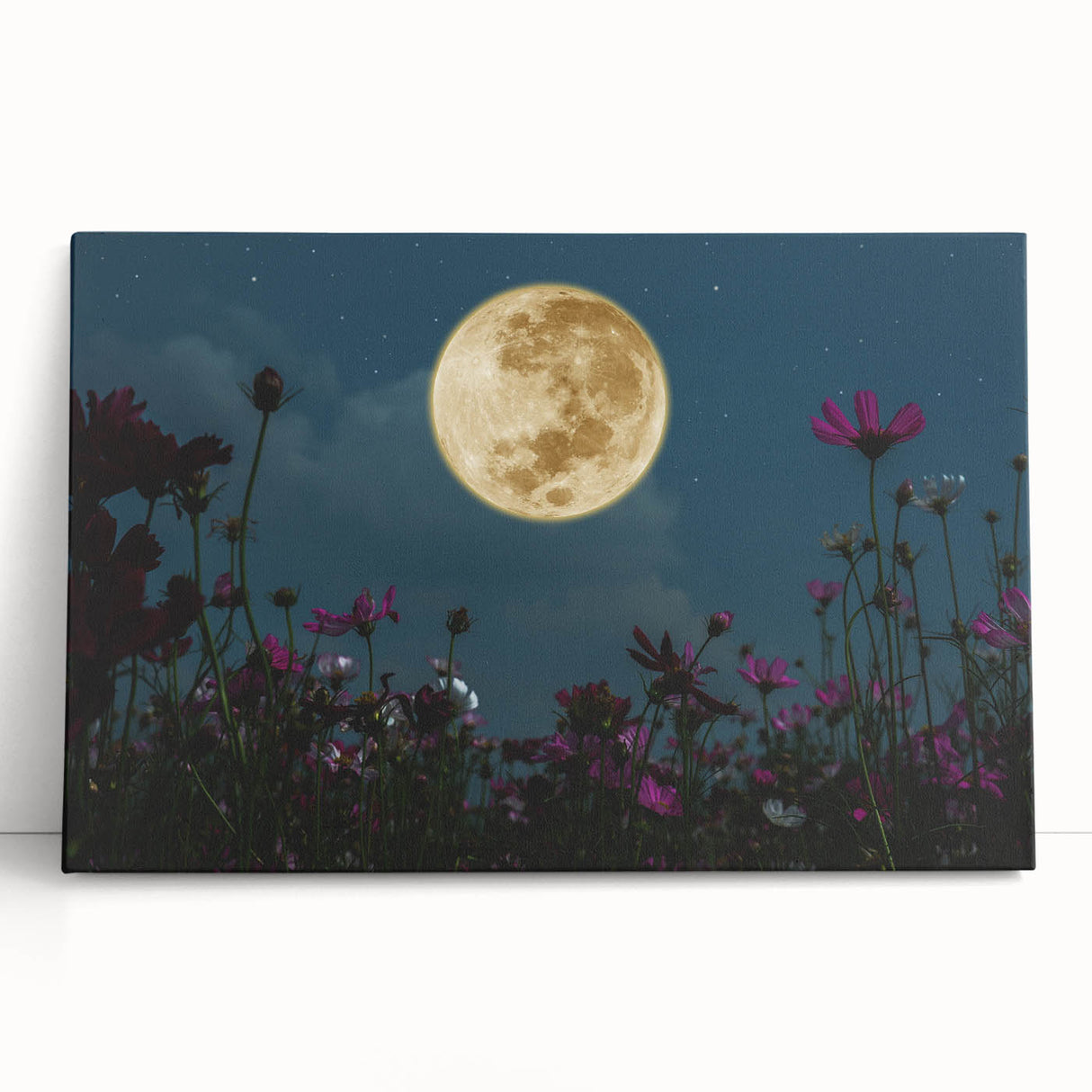 Golden Moon Over Flower Field – Serene Celestial Wall Art for Home