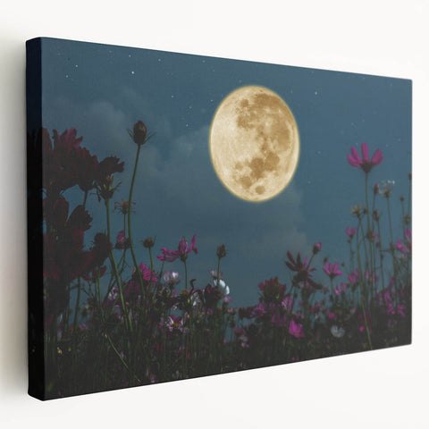 Golden Moon Over Flower Field – Serene Celestial Wall Art for Home