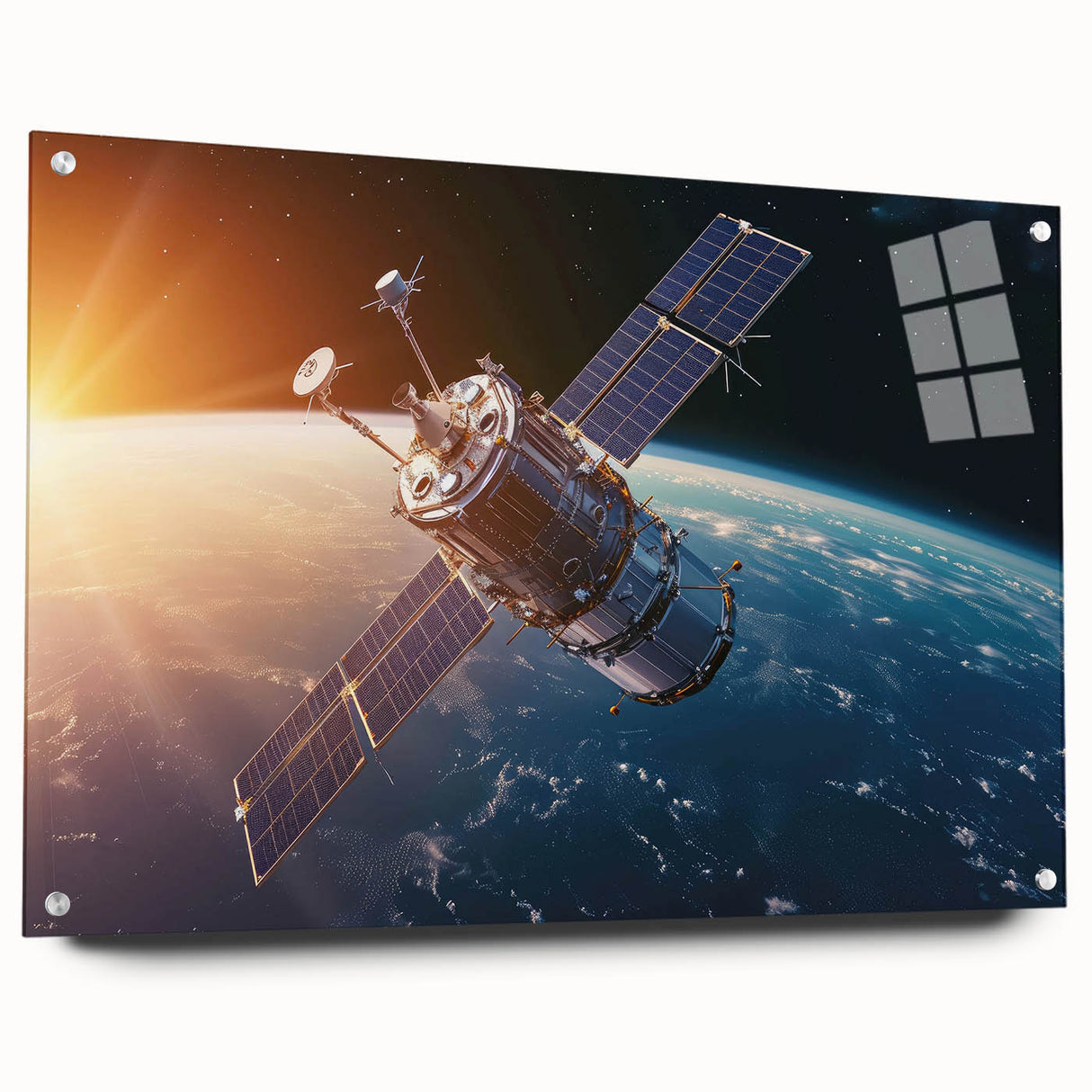 Satellite Orbiting at Sunrise - Cosmic Wall Art for Space Enthusiasts