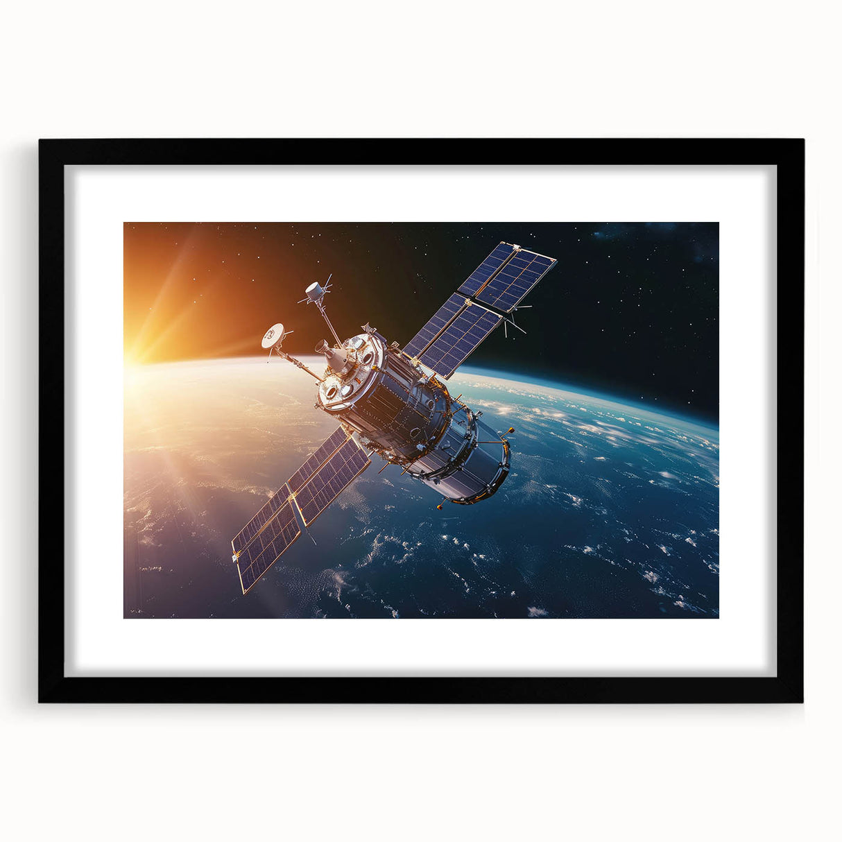 Satellite Orbiting at Sunrise - Cosmic Wall Art for Space Enthusiasts