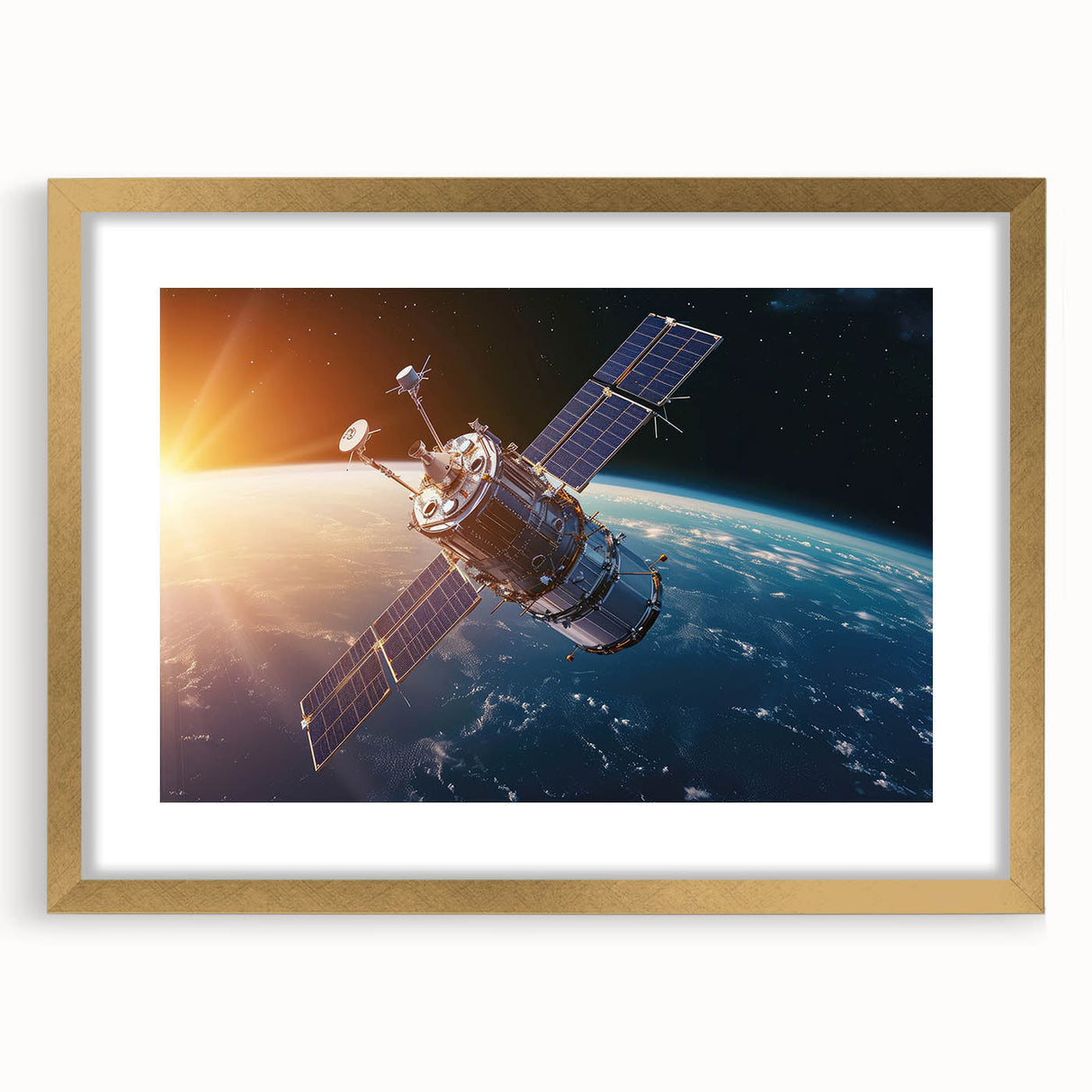 Satellite Orbiting at Sunrise - Cosmic Wall Art for Space Enthusiasts