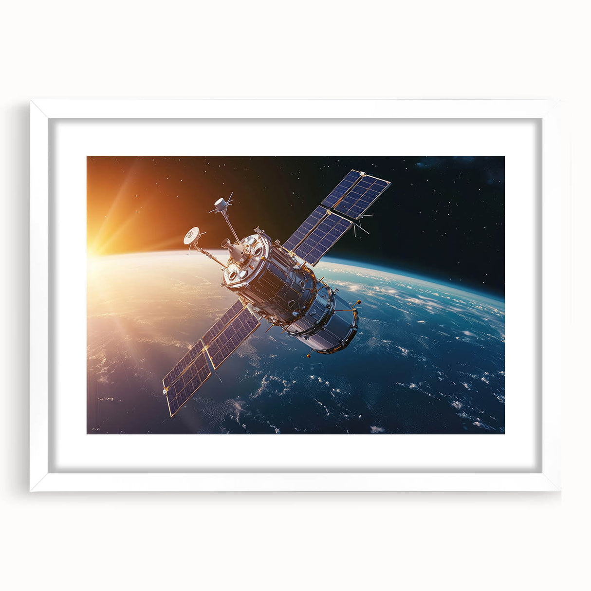 Satellite Orbiting at Sunrise - Cosmic Wall Art for Space Enthusiasts