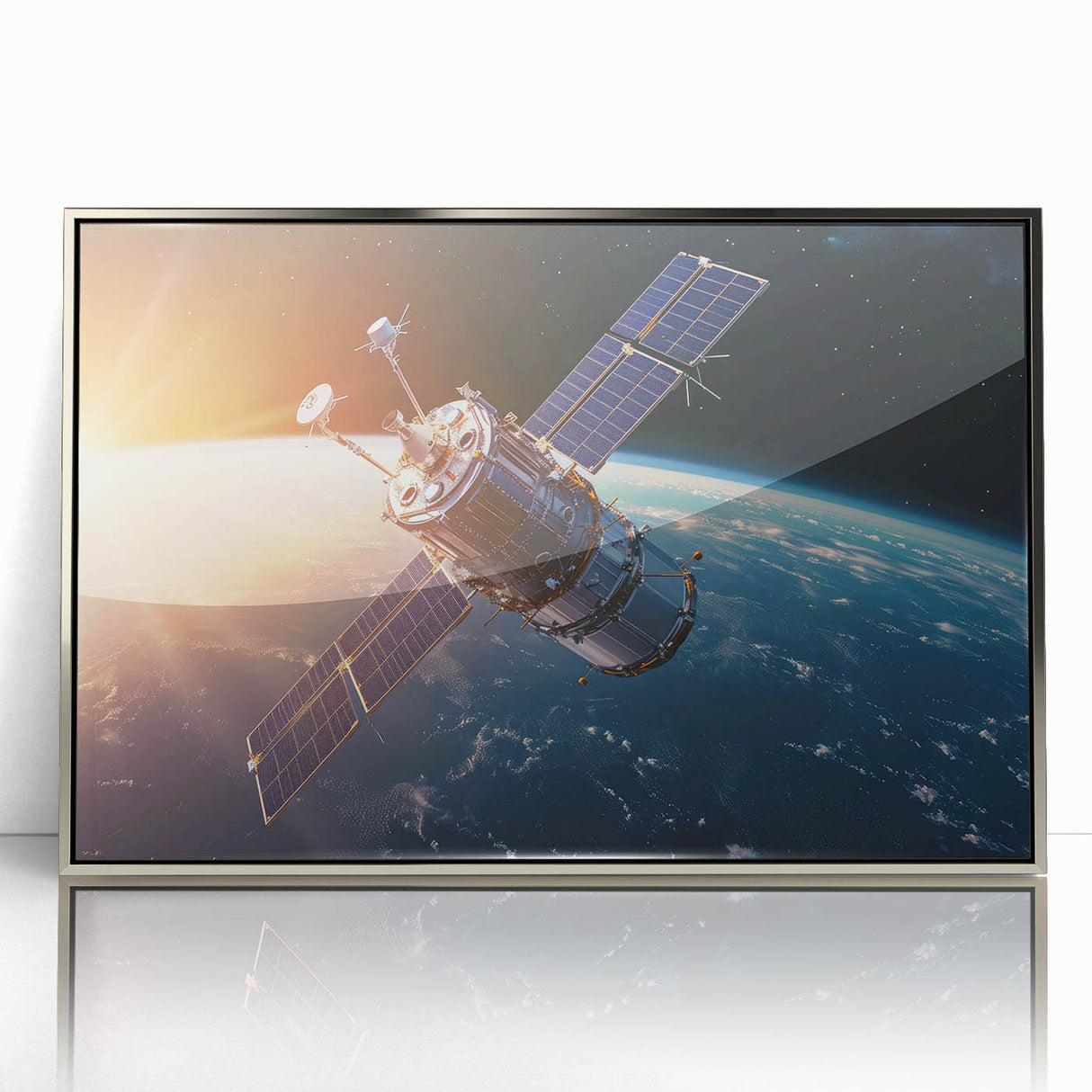 Satellite Orbiting at Sunrise - Cosmic Wall Art for Space Enthusiasts