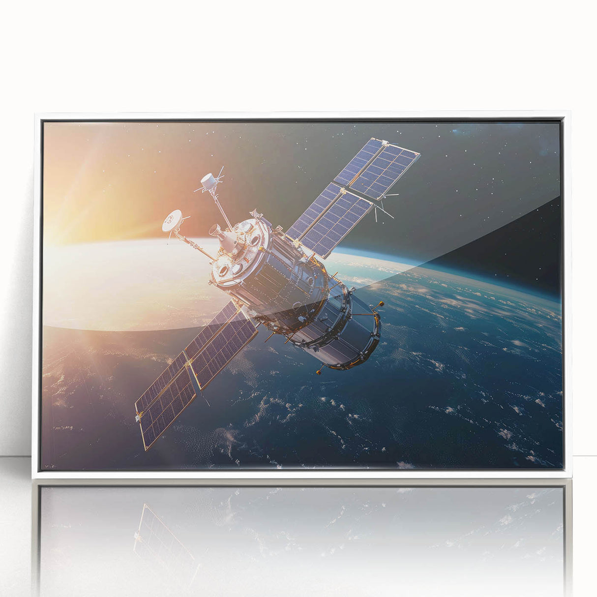Satellite Orbiting at Sunrise - Cosmic Wall Art for Space Enthusiasts