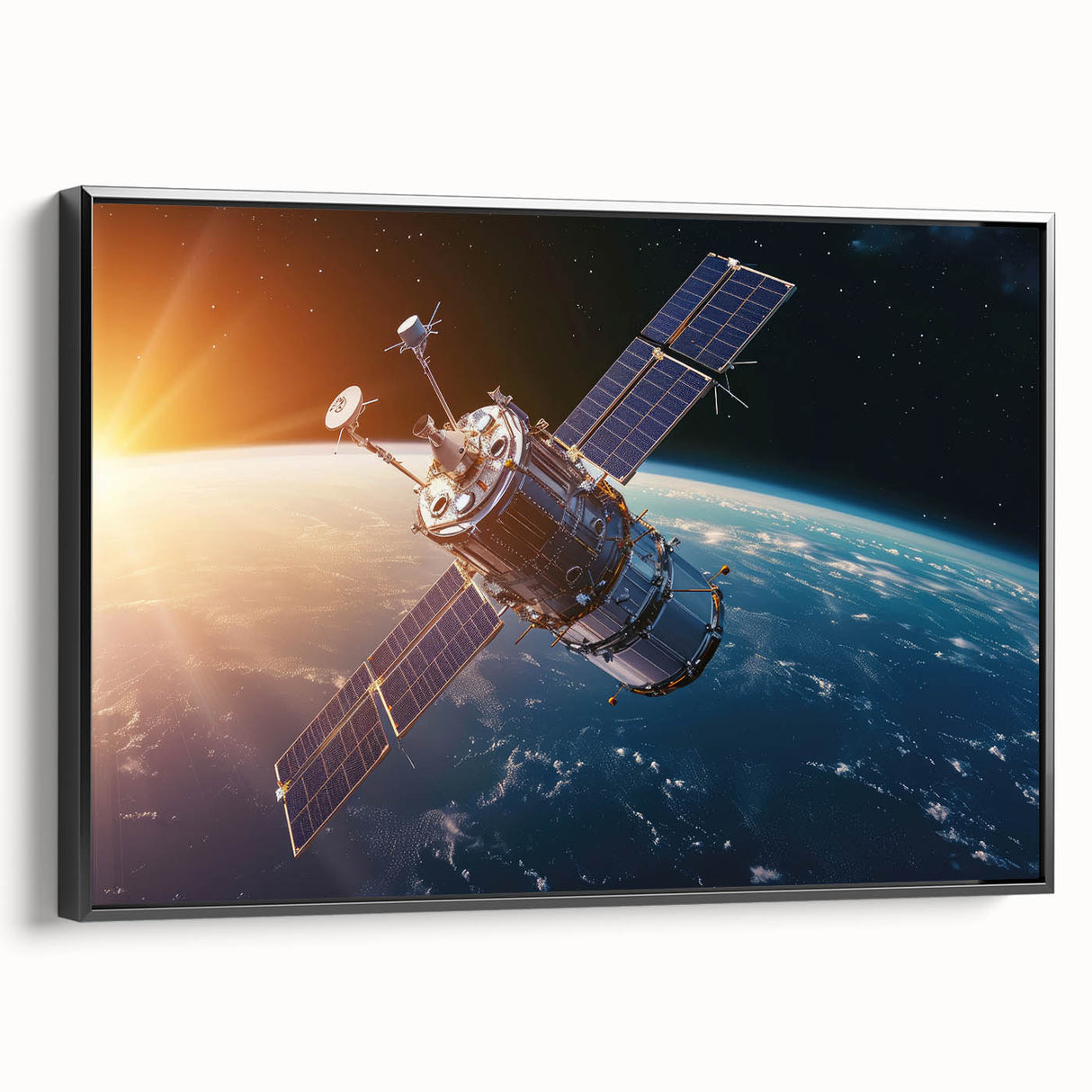 Satellite Orbiting at Sunrise - Cosmic Wall Art for Space Enthusiasts