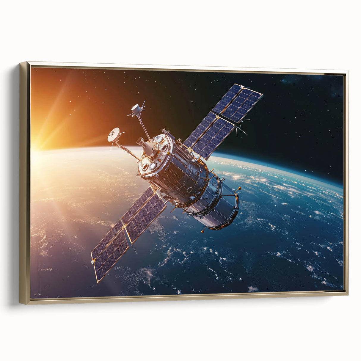 Satellite Orbiting at Sunrise - Cosmic Wall Art for Space Enthusiasts