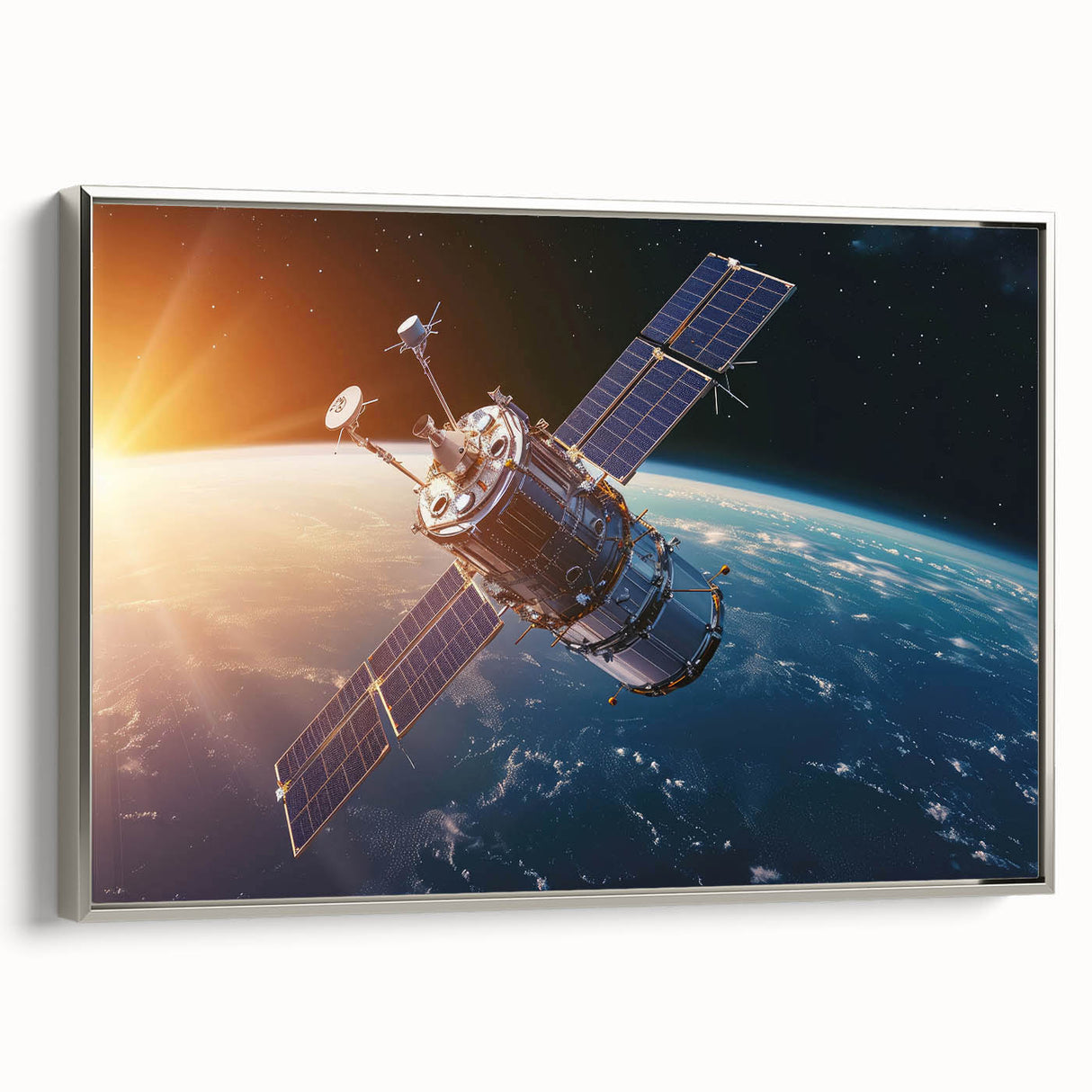 Satellite Orbiting at Sunrise - Cosmic Wall Art for Space Enthusiasts