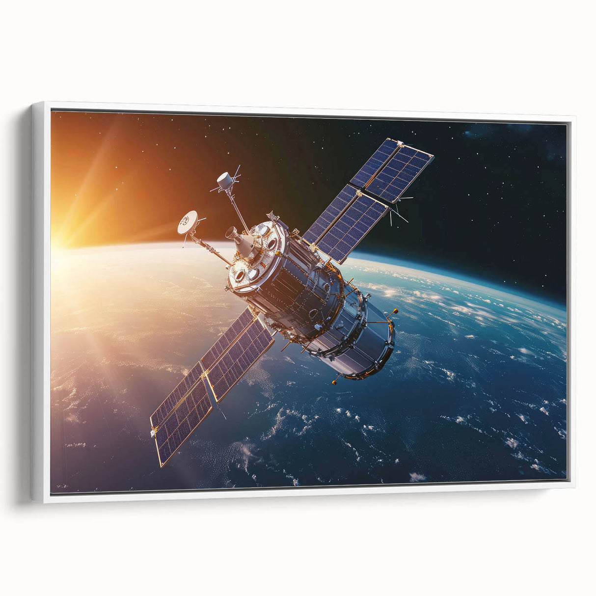 Satellite Orbiting at Sunrise - Cosmic Wall Art for Space Enthusiasts
