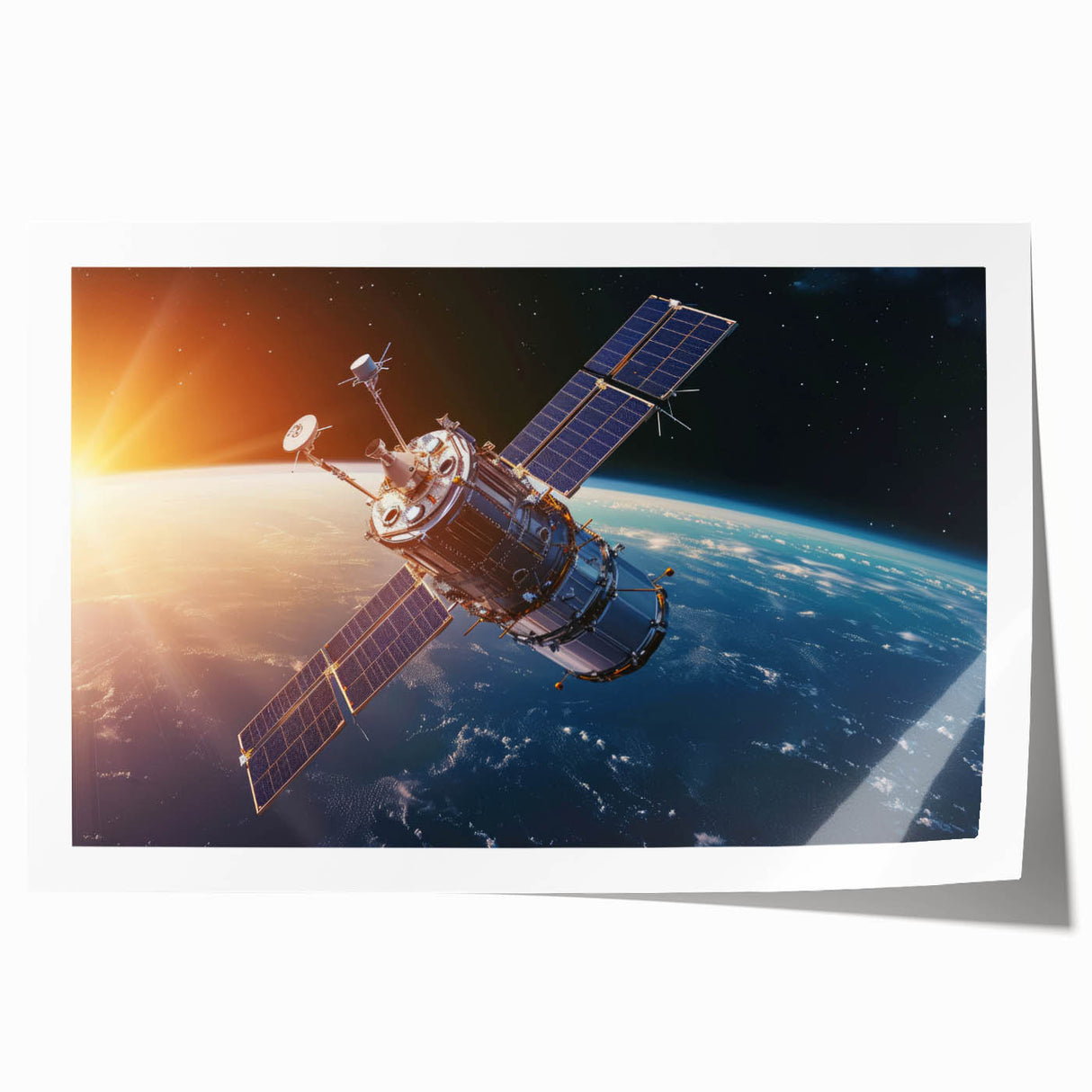 Satellite Orbiting at Sunrise - Cosmic Wall Art for Space Enthusiasts