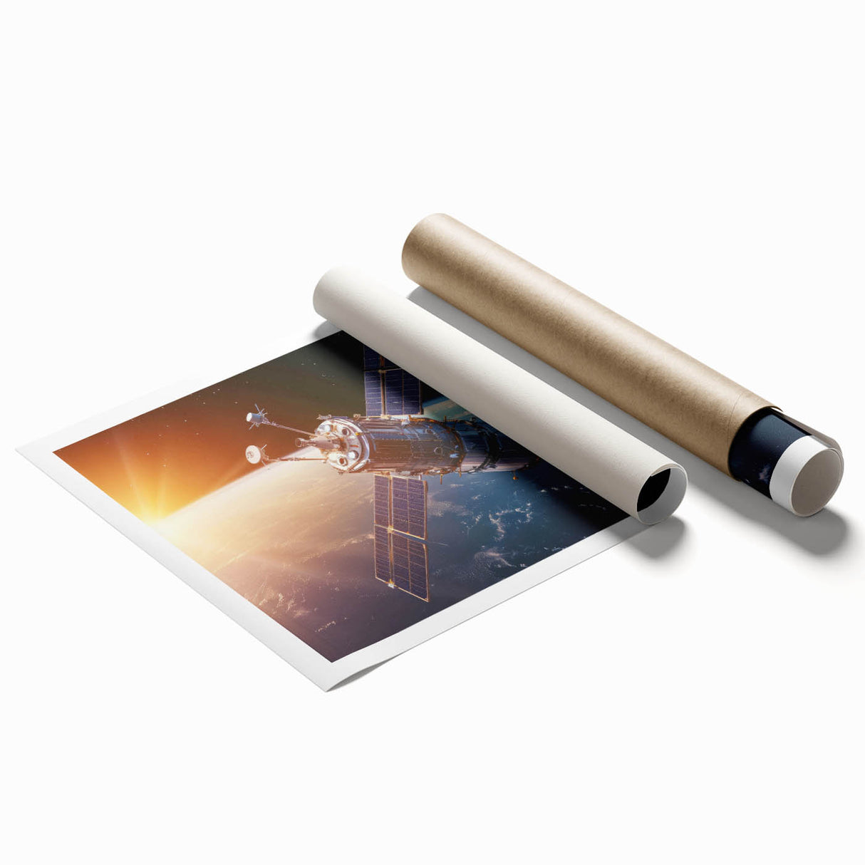 Satellite Orbiting at Sunrise - Cosmic Wall Art for Space Enthusiasts