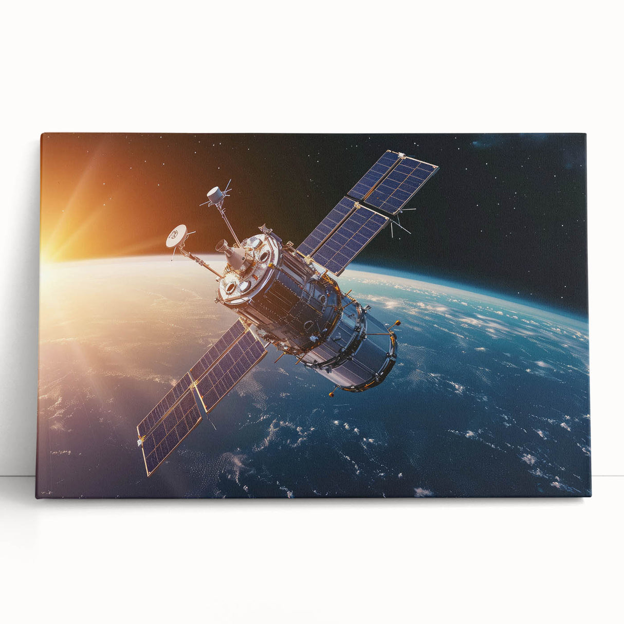 Satellite Orbiting at Sunrise - Cosmic Wall Art for Space Enthusiasts