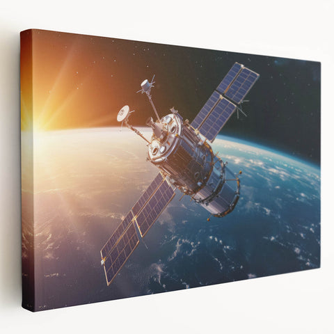 Satellite Orbiting at Sunrise - Cosmic Wall Art for Space Enthusiasts