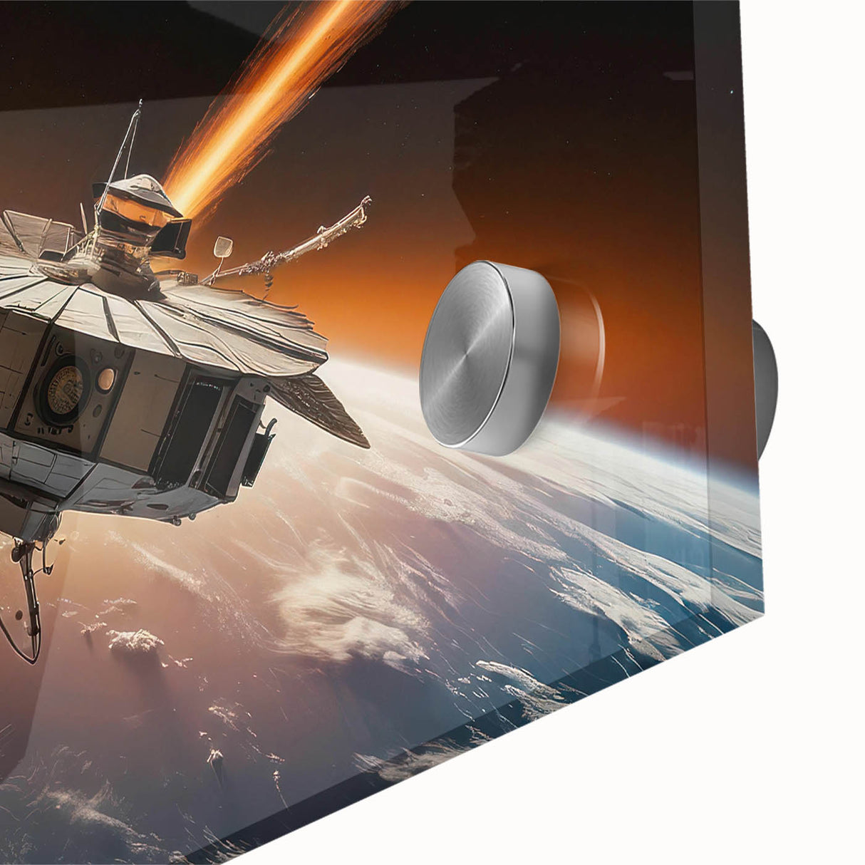 Satellite Orbiting Earth with Fiery Trail - Cosmic Space Wall Art