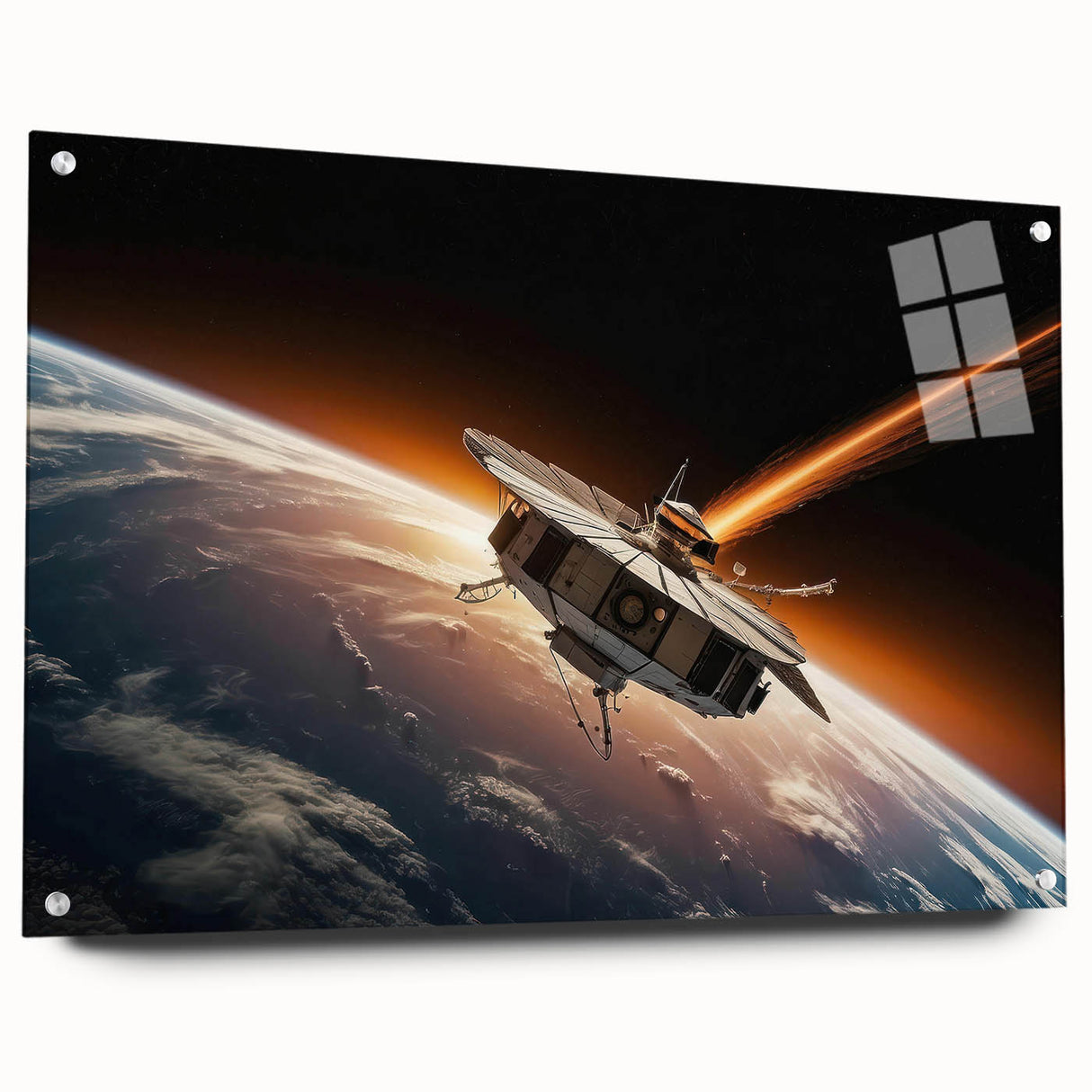 Satellite Orbiting Earth with Fiery Trail - Cosmic Space Wall Art