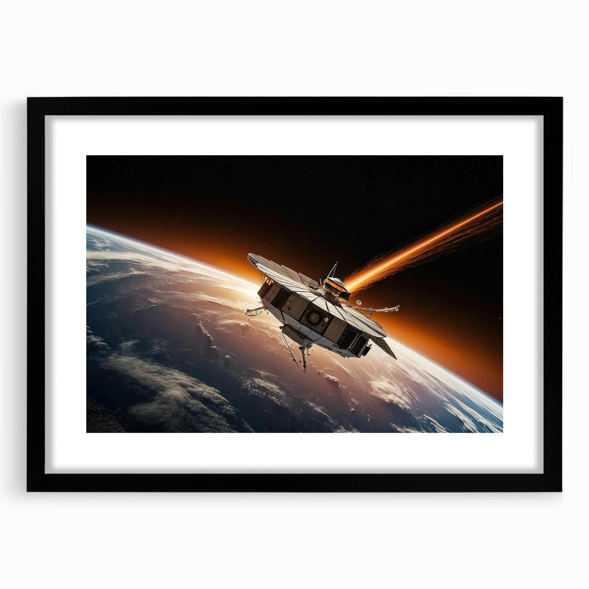 Satellite Orbiting Earth with Fiery Trail - Cosmic Space Wall Art