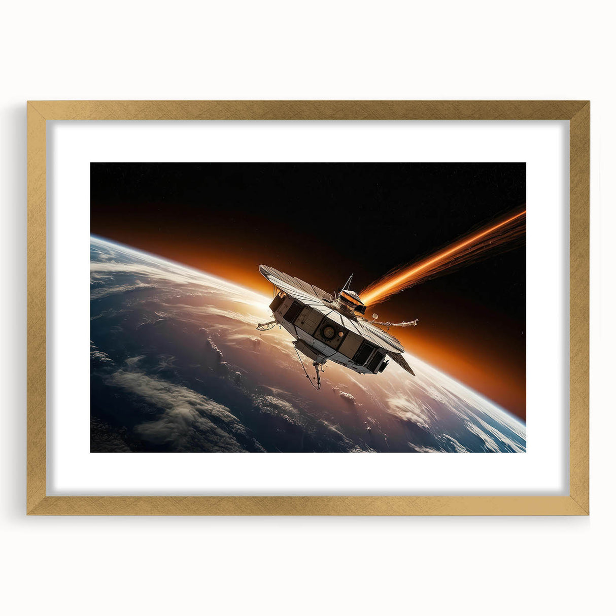Satellite Orbiting Earth with Fiery Trail - Cosmic Space Wall Art