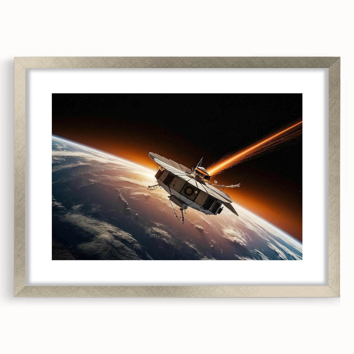 Satellite Orbiting Earth with Fiery Trail - Cosmic Space Wall Art