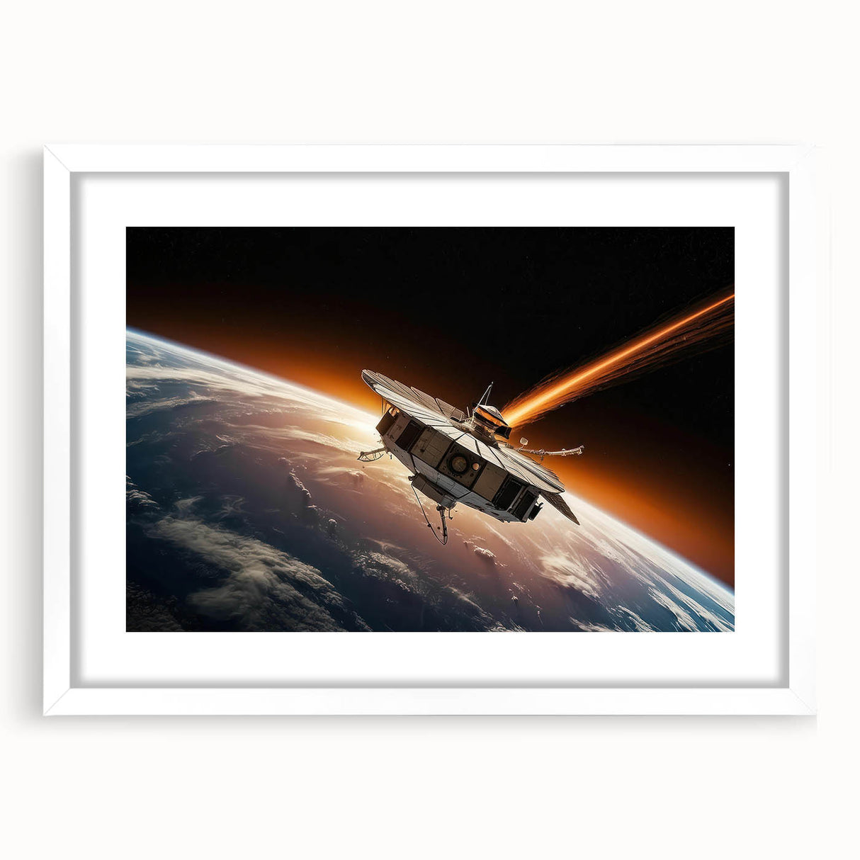 Satellite Orbiting Earth with Fiery Trail - Cosmic Space Wall Art