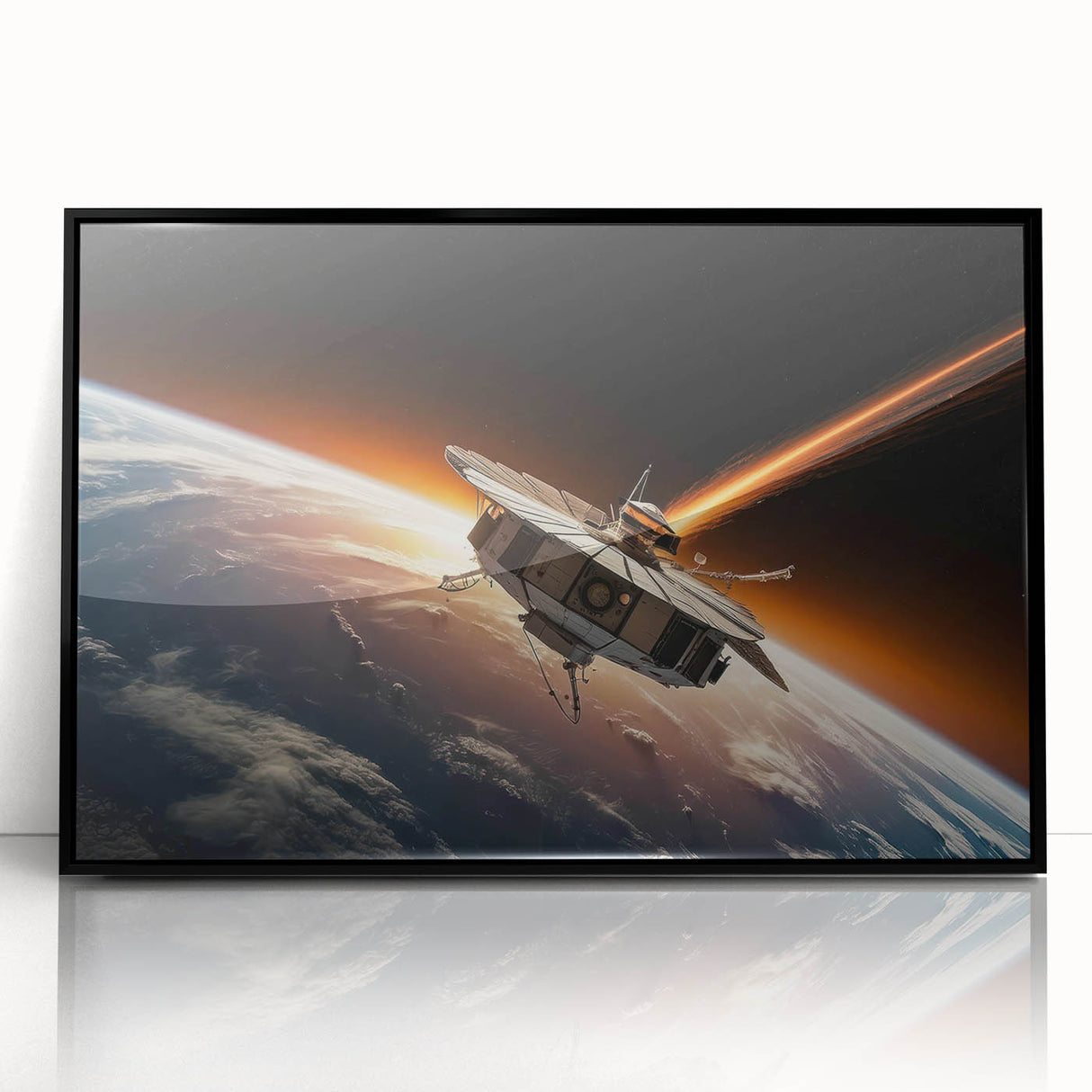 Satellite Orbiting Earth with Fiery Trail - Cosmic Space Wall Art