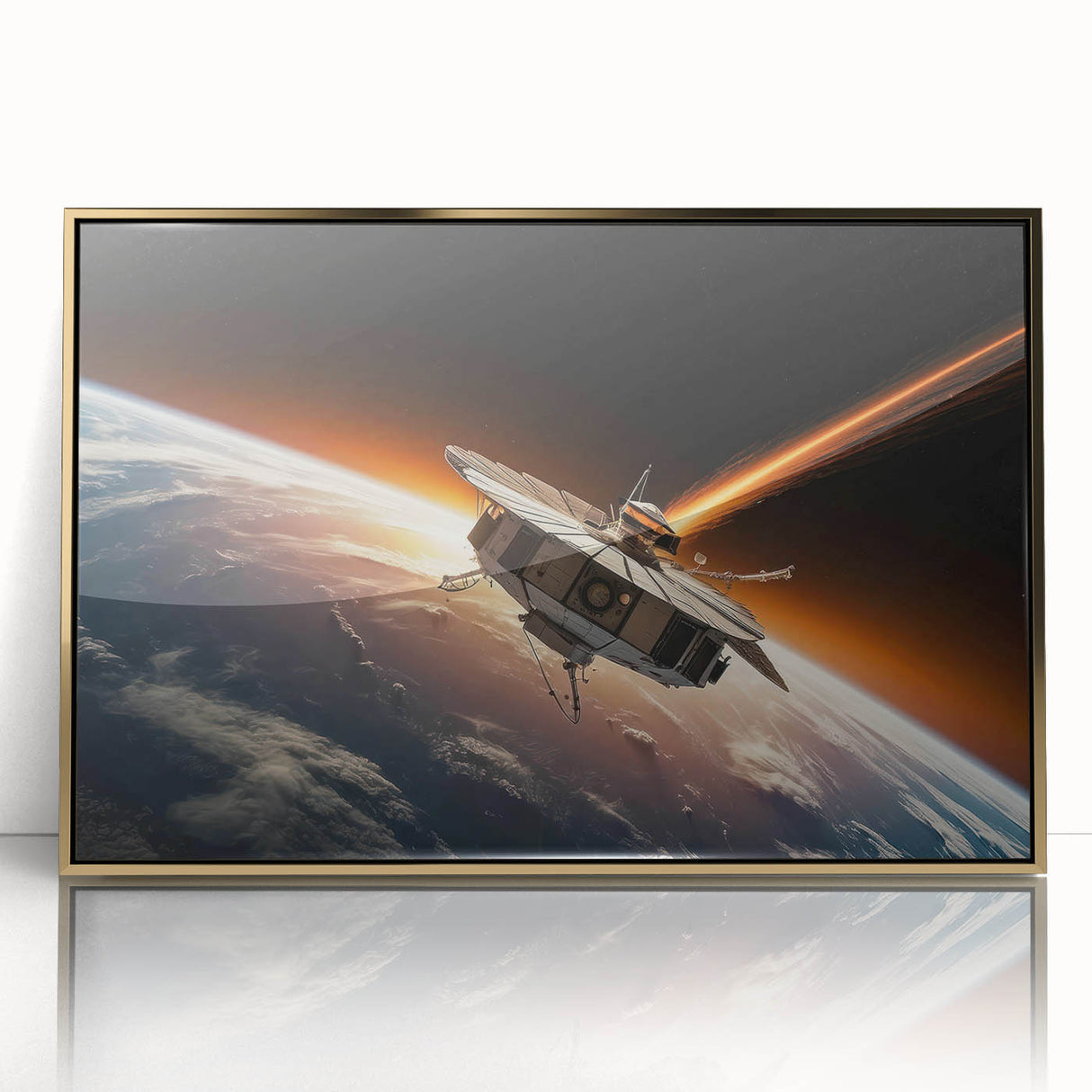 Satellite Orbiting Earth with Fiery Trail - Cosmic Space Wall Art