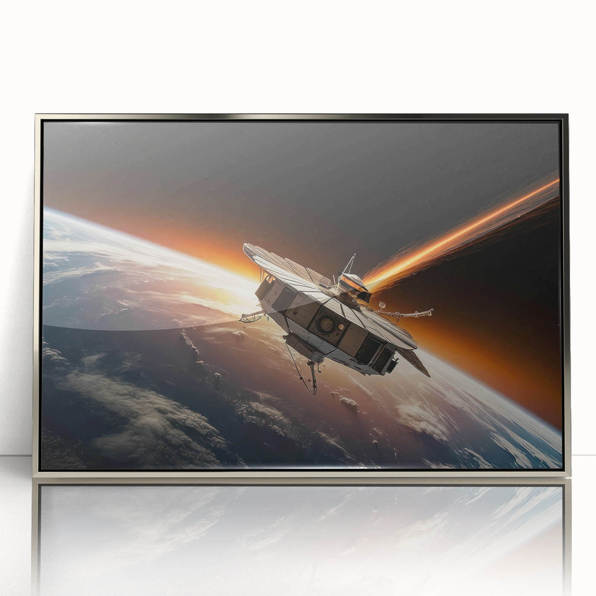 Satellite Orbiting Earth with Fiery Trail - Cosmic Space Wall Art