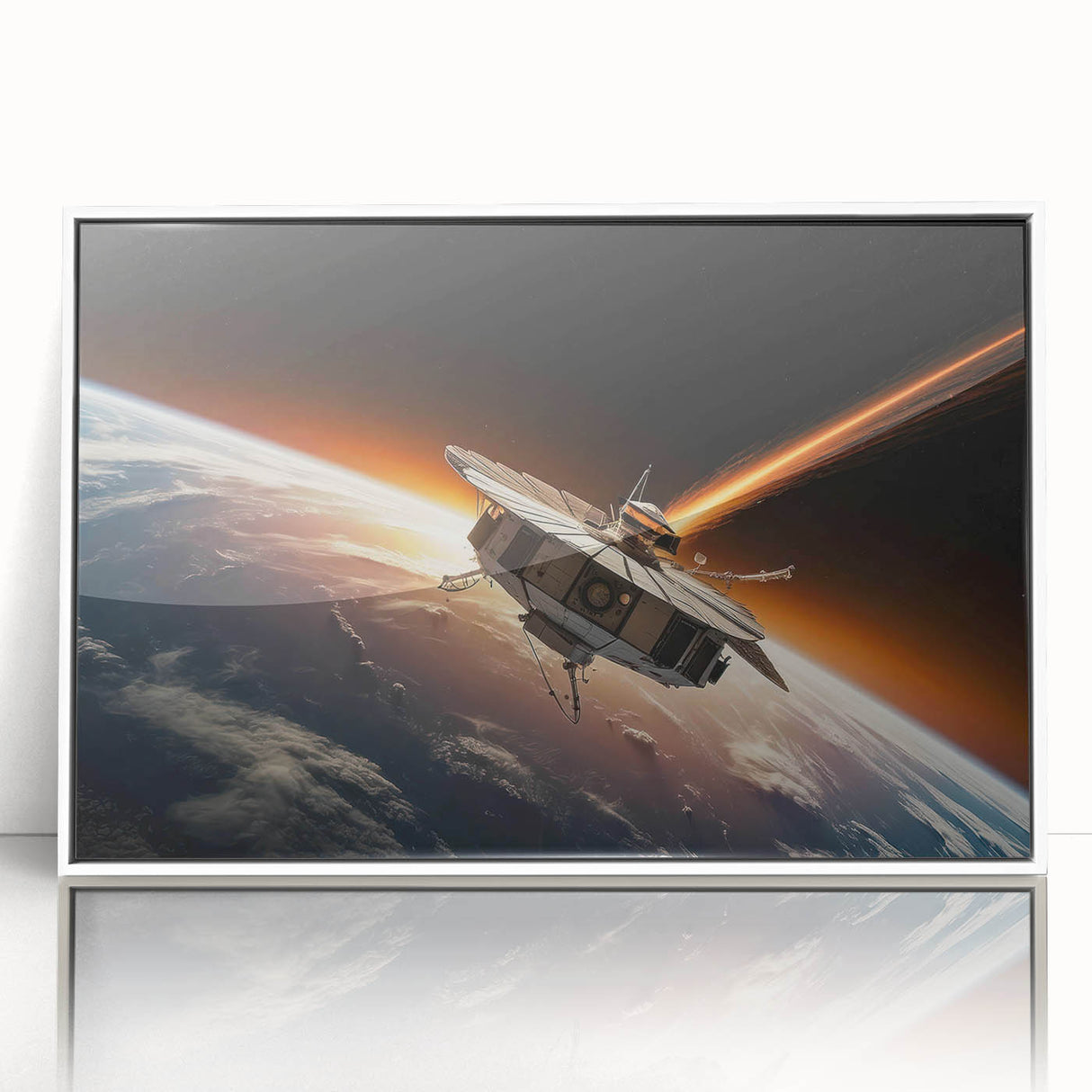 Satellite Orbiting Earth with Fiery Trail - Cosmic Space Wall Art