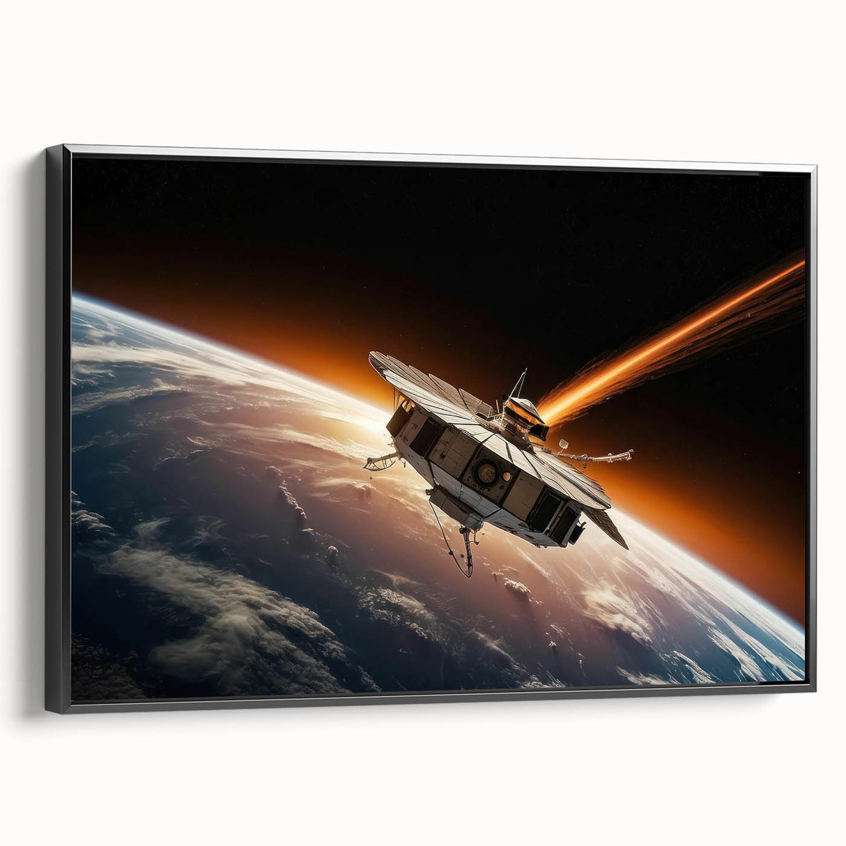 Satellite Orbiting Earth with Fiery Trail - Cosmic Space Wall Art