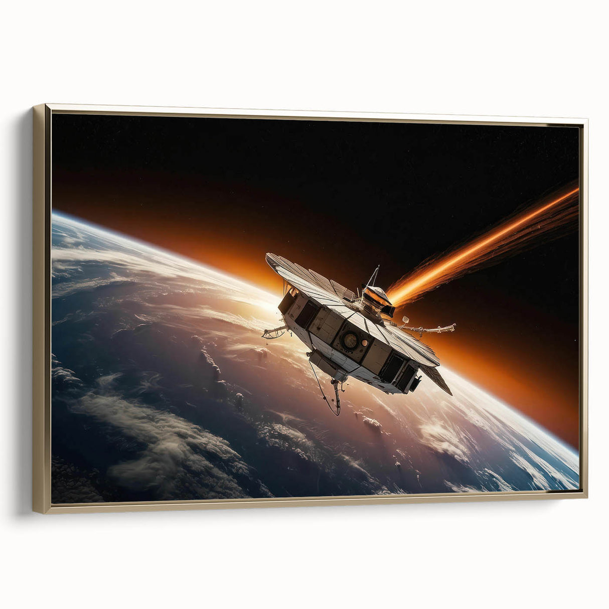 Satellite Orbiting Earth with Fiery Trail - Cosmic Space Wall Art