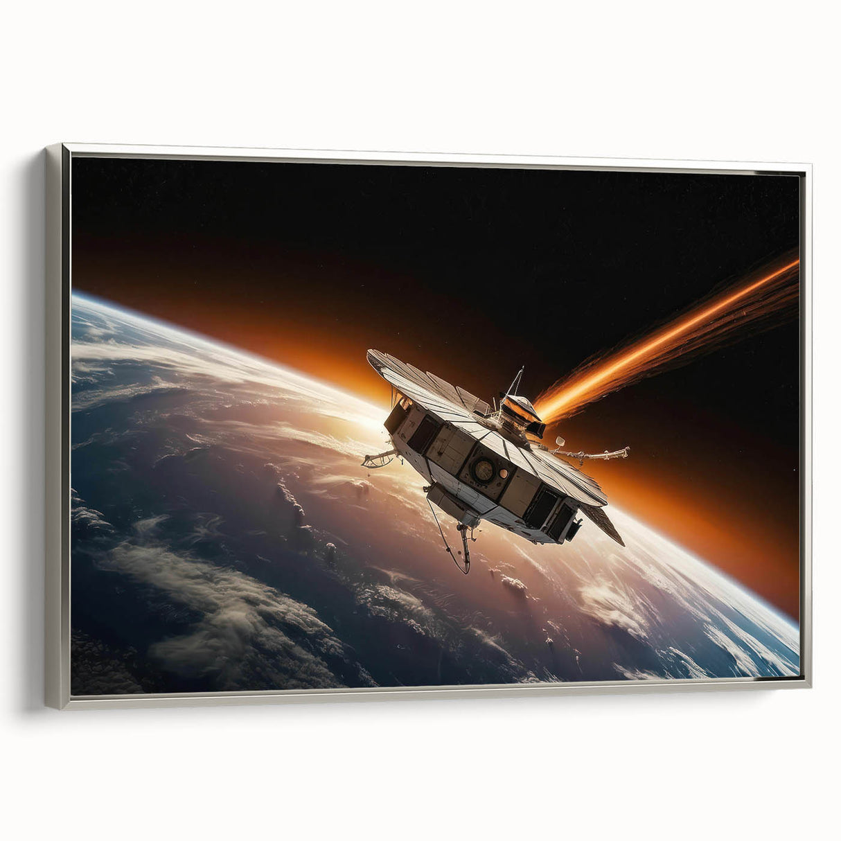 Satellite Orbiting Earth with Fiery Trail - Cosmic Space Wall Art