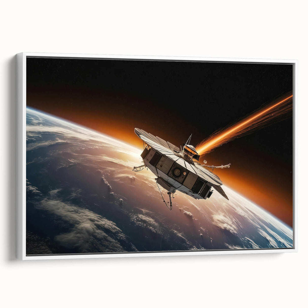 Satellite Orbiting Earth with Fiery Trail - Cosmic Space Wall Art