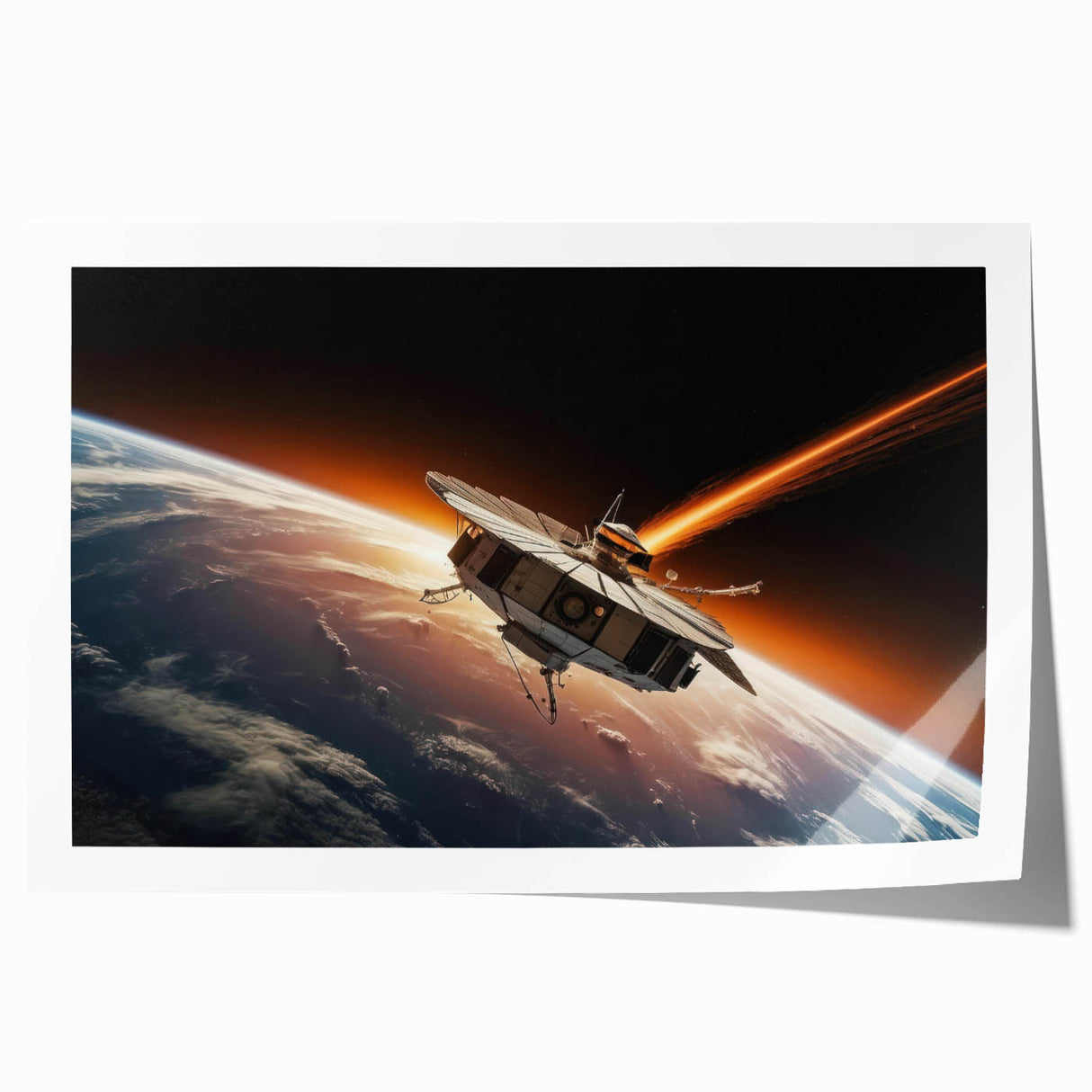 Satellite Orbiting Earth with Fiery Trail - Cosmic Space Wall Art