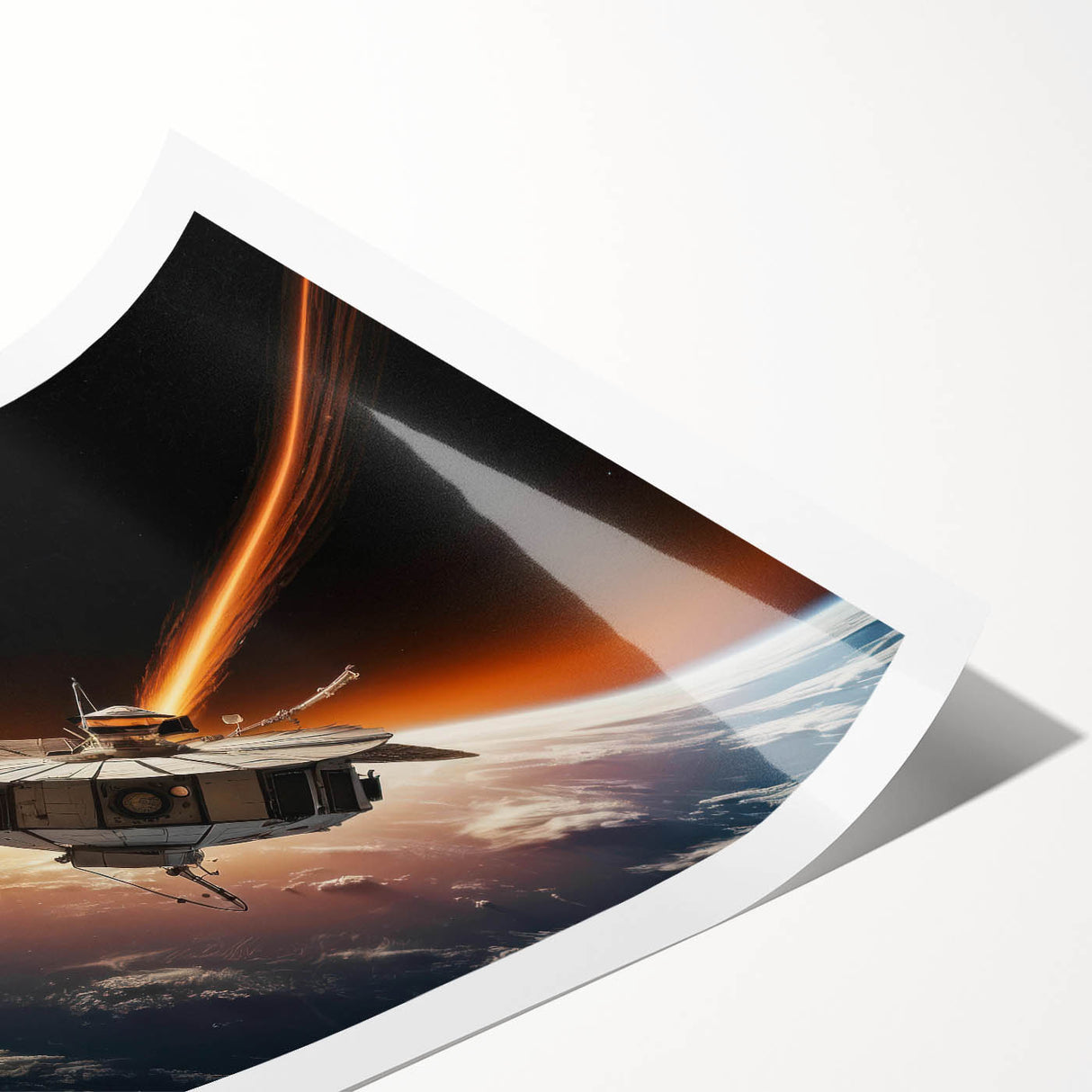 Satellite Orbiting Earth with Fiery Trail - Cosmic Space Wall Art