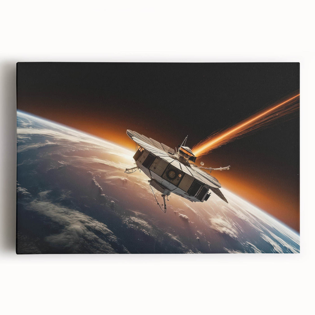 Satellite Orbiting Earth with Fiery Trail - Cosmic Space Wall Art