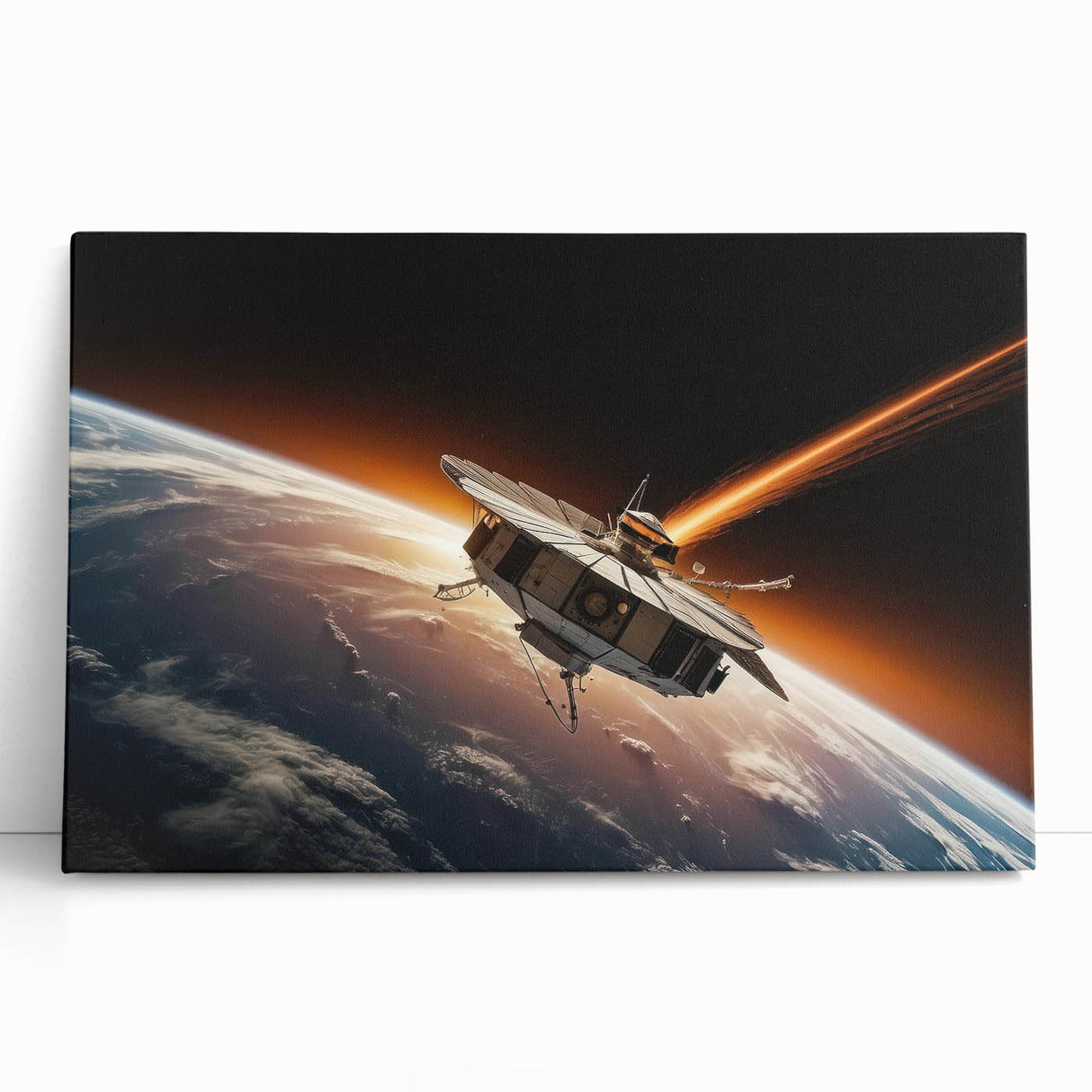 Satellite Orbiting Earth with Fiery Trail - Cosmic Space Wall Art