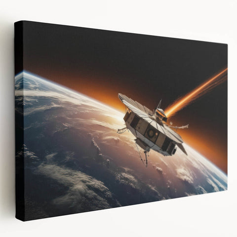 Satellite Orbiting Earth with Fiery Trail - Cosmic Space Wall Art