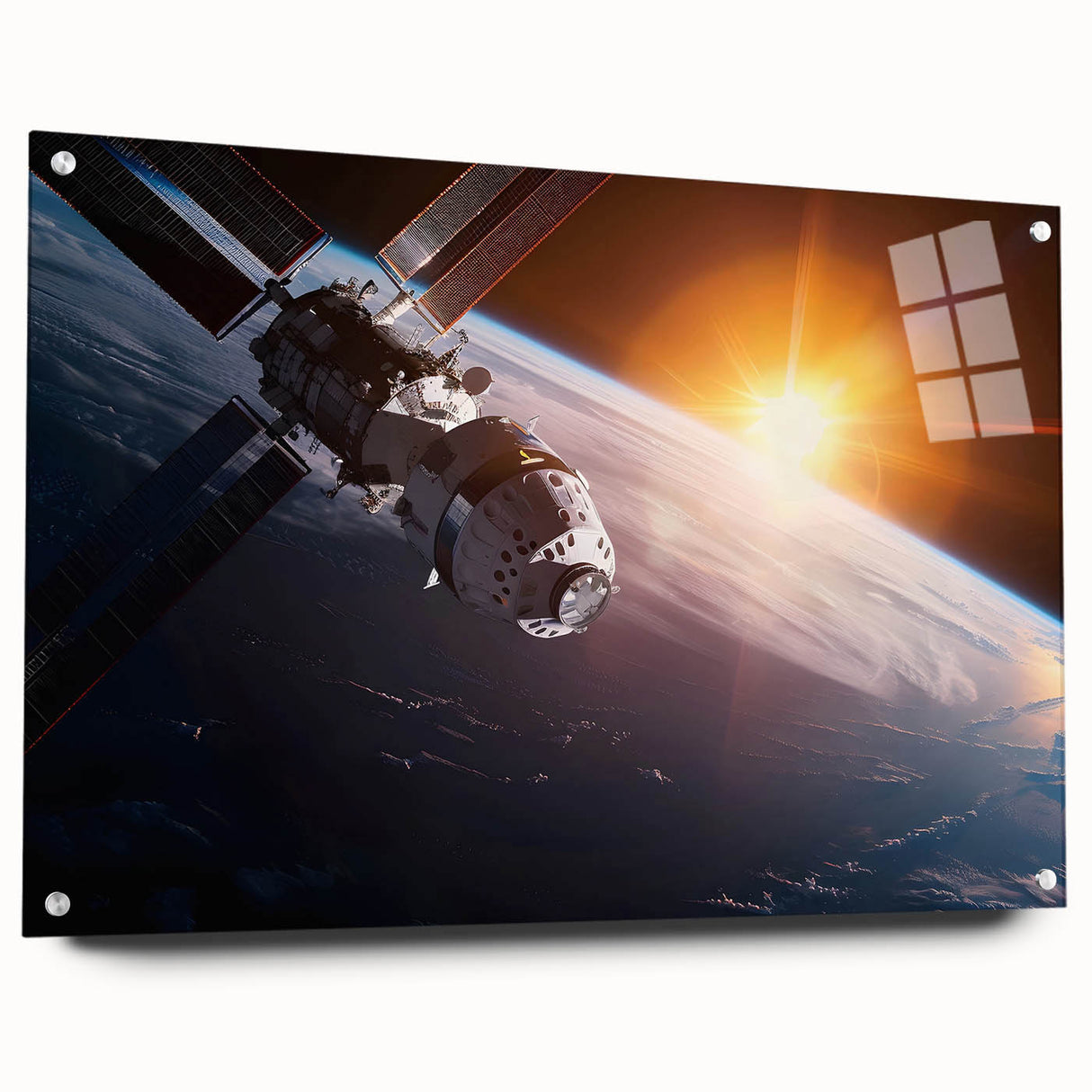 Satellite Over Earth with Sunrise - Stunning Cosmic Wall Art Decor