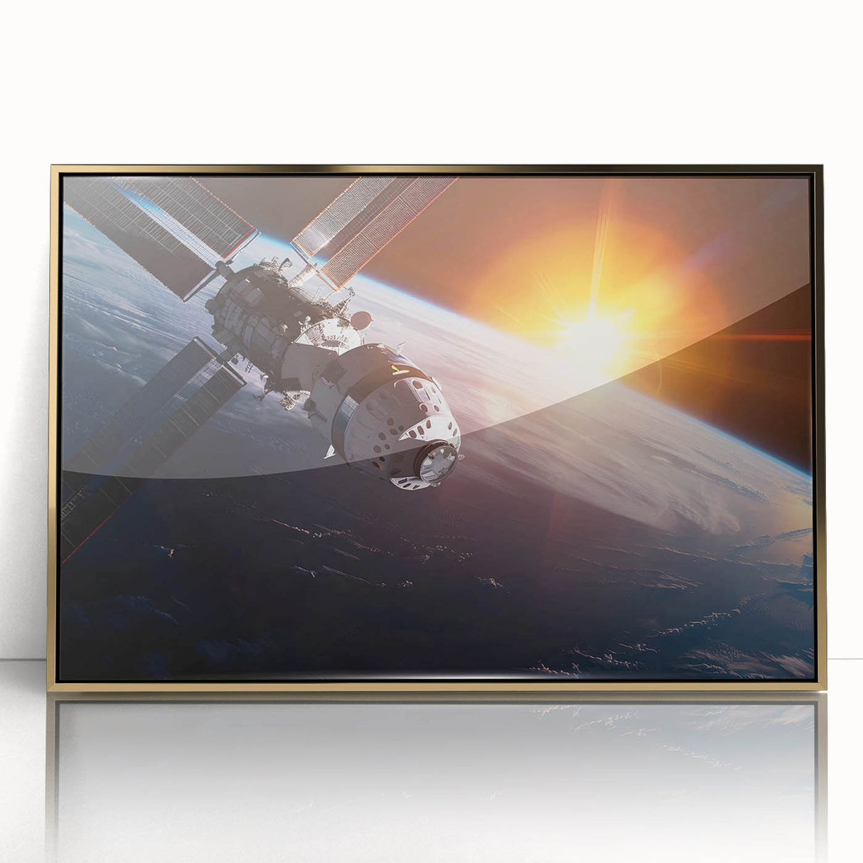 Satellite Over Earth with Sunrise - Stunning Cosmic Wall Art Decor