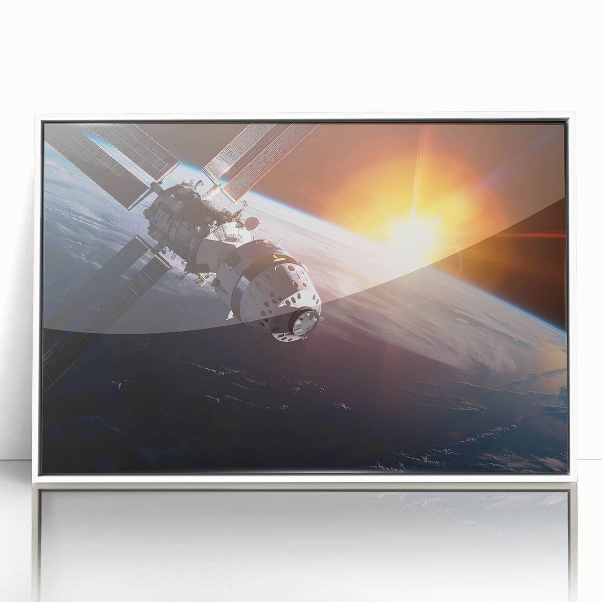 Satellite Over Earth with Sunrise - Stunning Cosmic Wall Art Decor